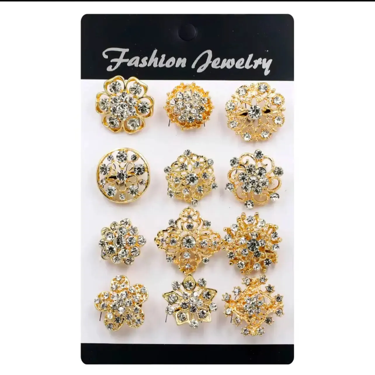 ✨ 12-Piece Gold Rhinestone Brooch Set – Elegant & Chic