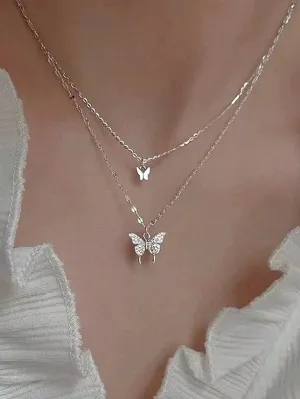 1 Piece Of Exquisite Women Jewelry, New Trend S925 Silver Double-Layer Butterfly Pendant Necklace, Simple And Fresh Style, INS Clavicle Chain, Perfect Gift For Girlfriend Birthday