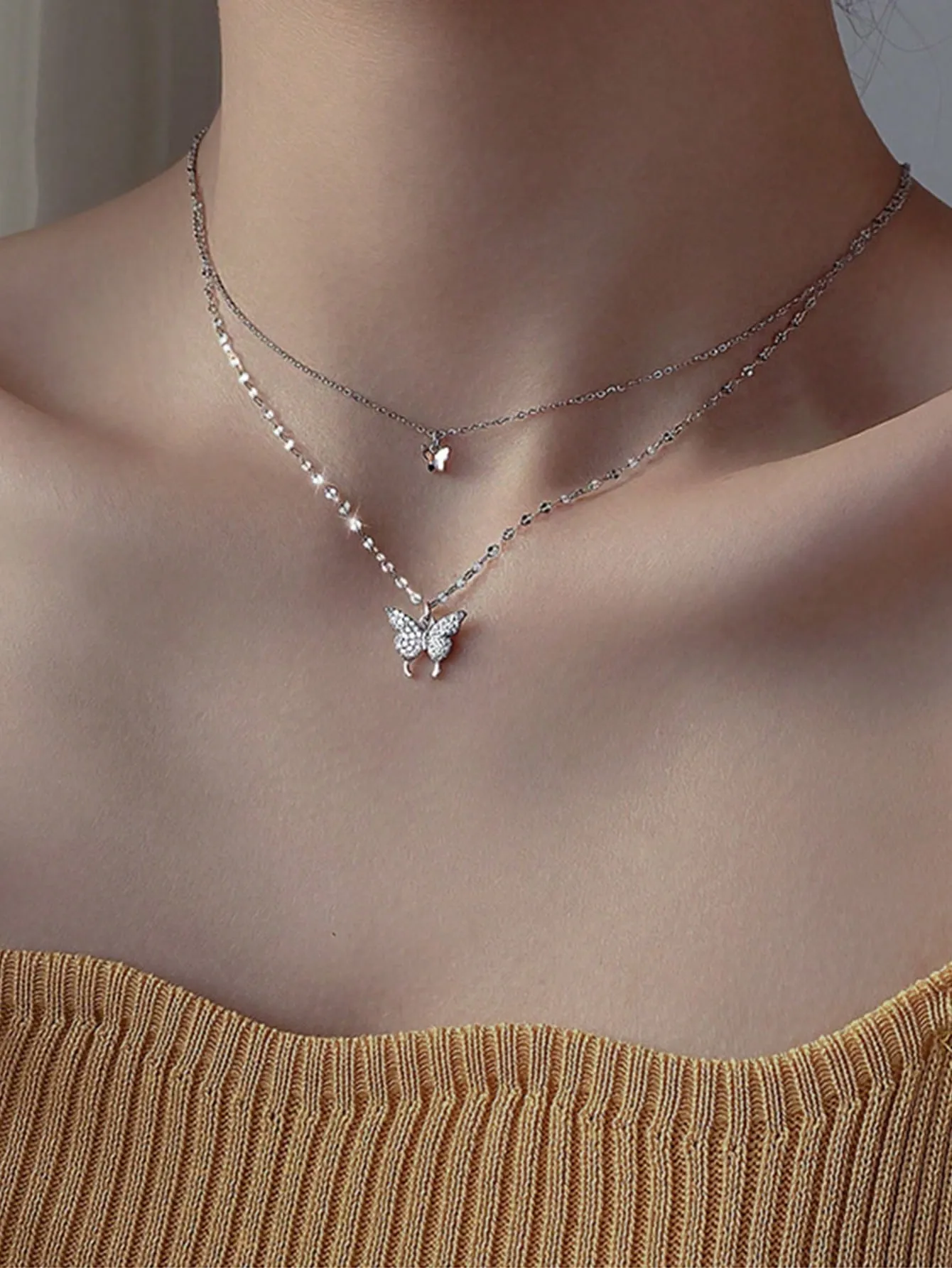 1 Piece Of Exquisite Women Jewelry, New Trend S925 Silver Double-Layer Butterfly Pendant Necklace, Simple And Fresh Style, INS Clavicle Chain, Perfect Gift For Girlfriend Birthday