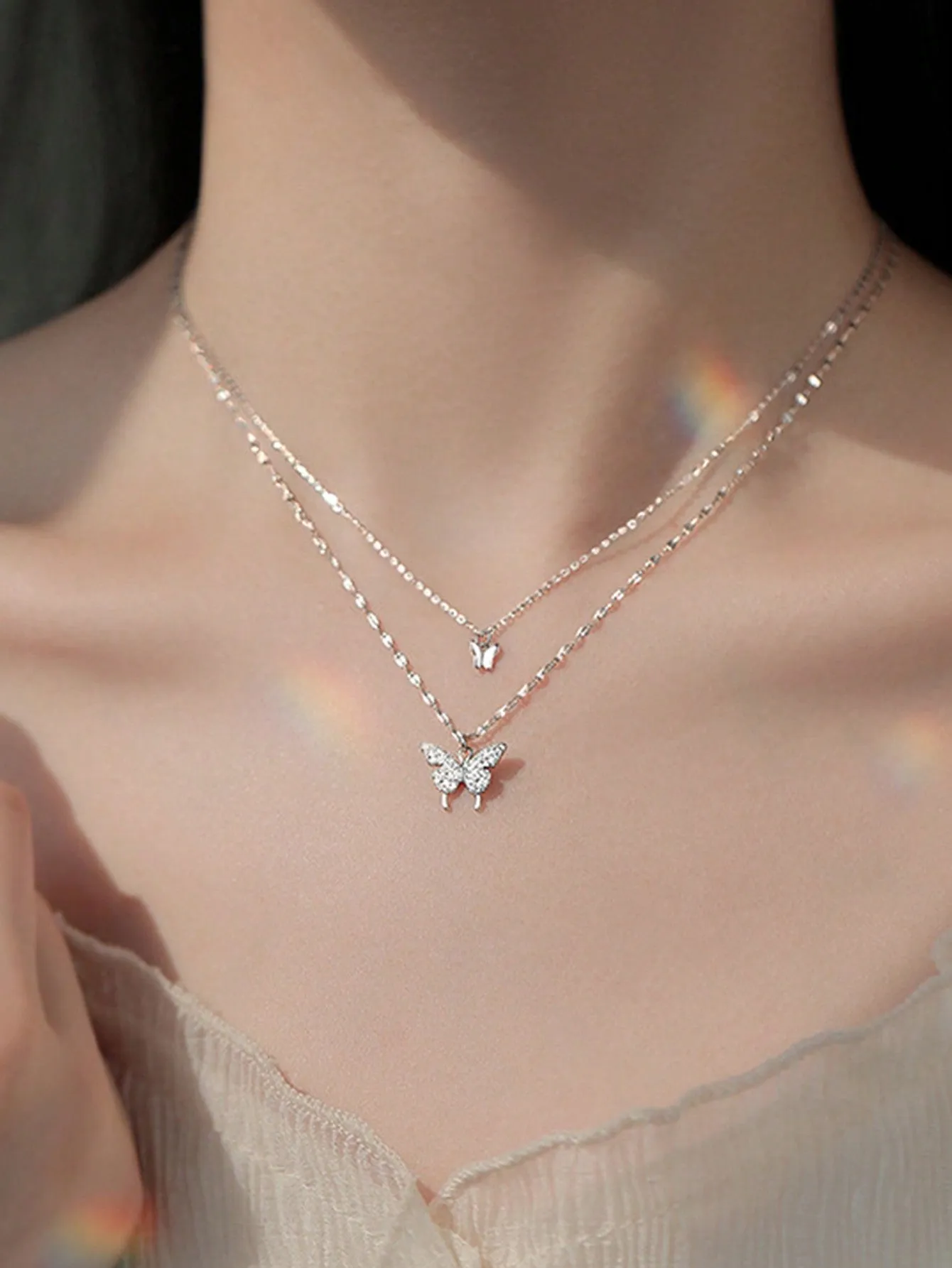 1 Piece Of Exquisite Women Jewelry, New Trend S925 Silver Double-Layer Butterfly Pendant Necklace, Simple And Fresh Style, INS Clavicle Chain, Perfect Gift For Girlfriend Birthday