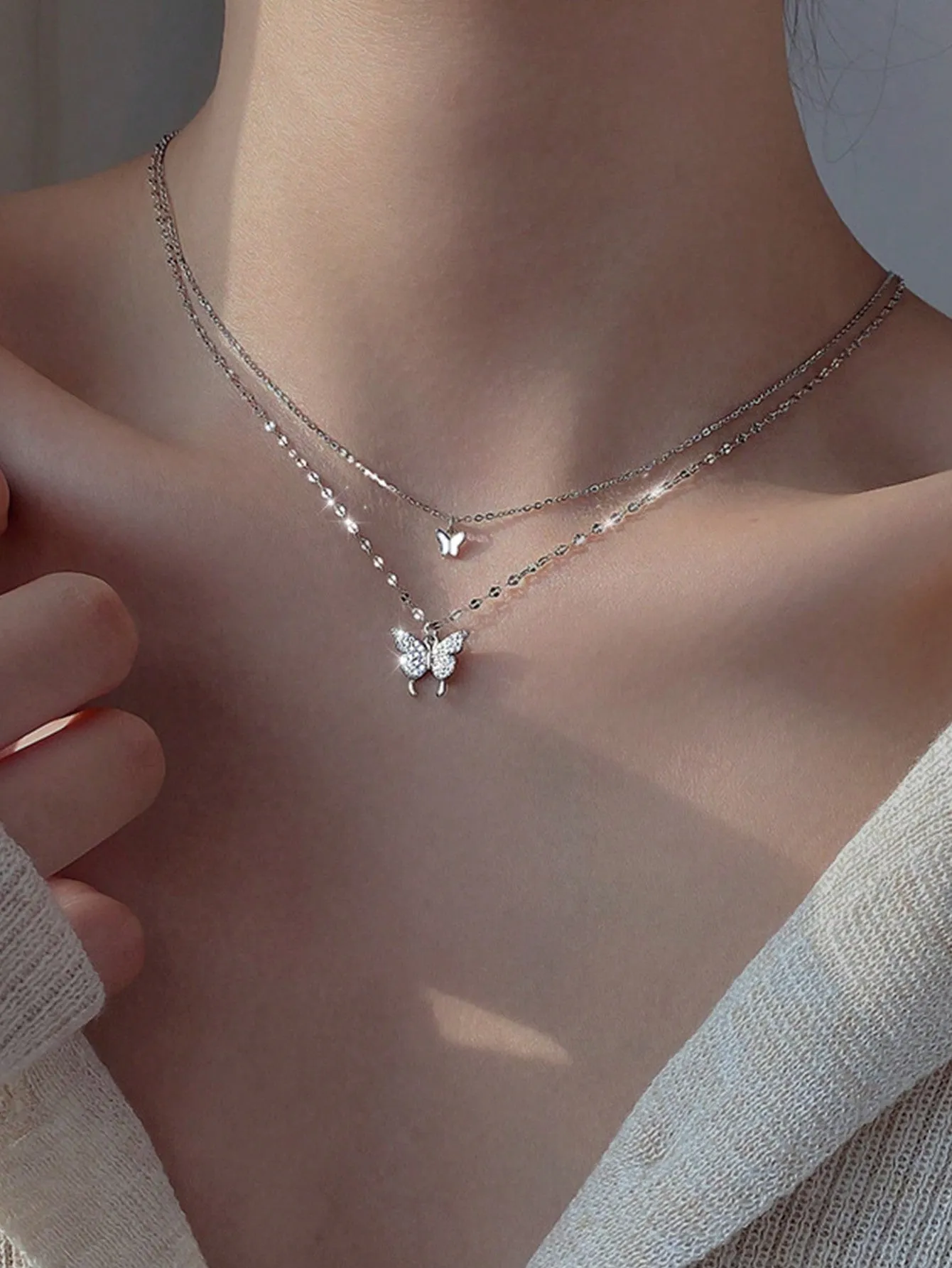 1 Piece Of Exquisite Women Jewelry, New Trend S925 Silver Double-Layer Butterfly Pendant Necklace, Simple And Fresh Style, INS Clavicle Chain, Perfect Gift For Girlfriend Birthday