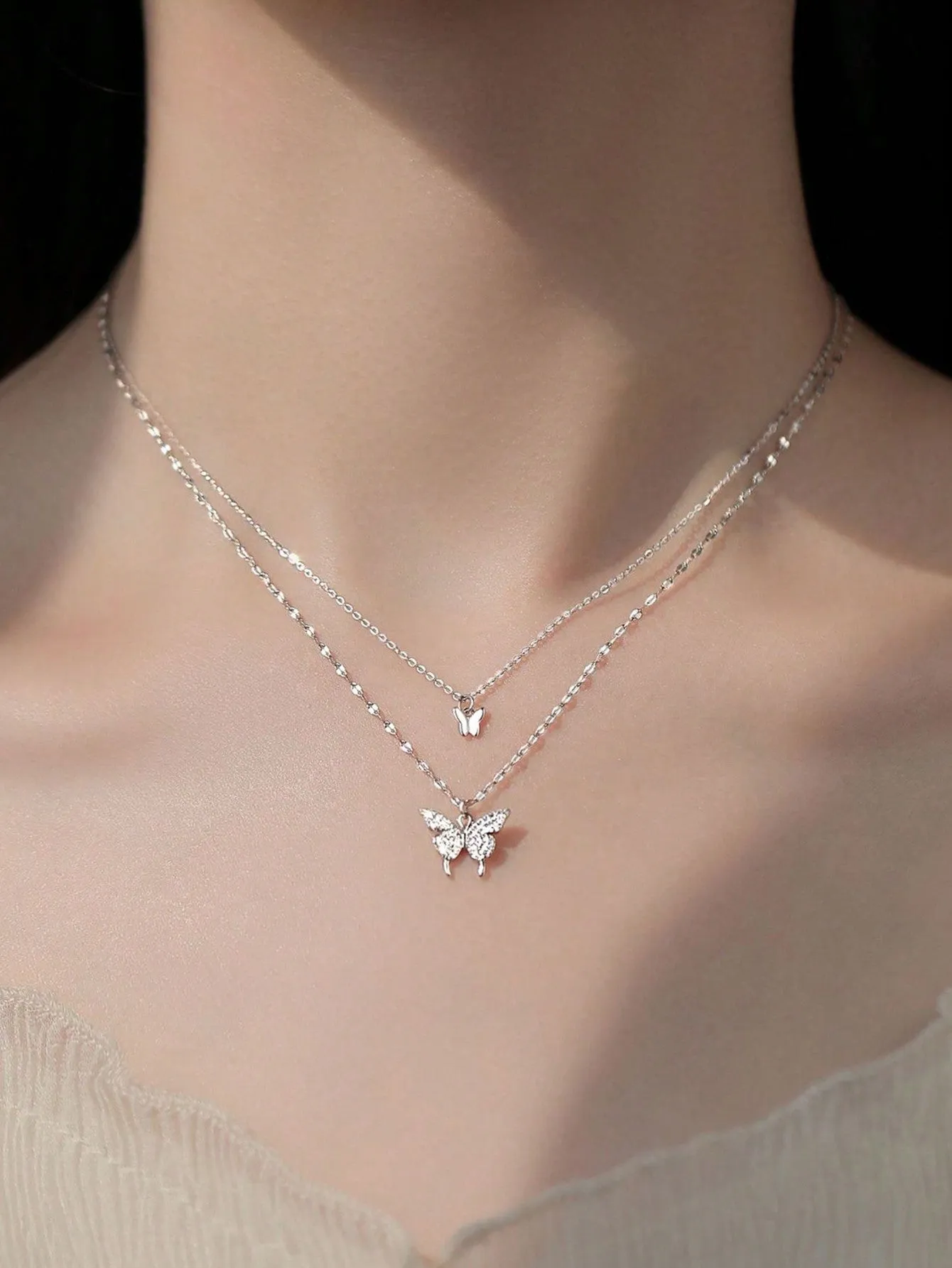 1 Piece Of Exquisite Women Jewelry, New Trend S925 Silver Double-Layer Butterfly Pendant Necklace, Simple And Fresh Style, INS Clavicle Chain, Perfect Gift For Girlfriend Birthday