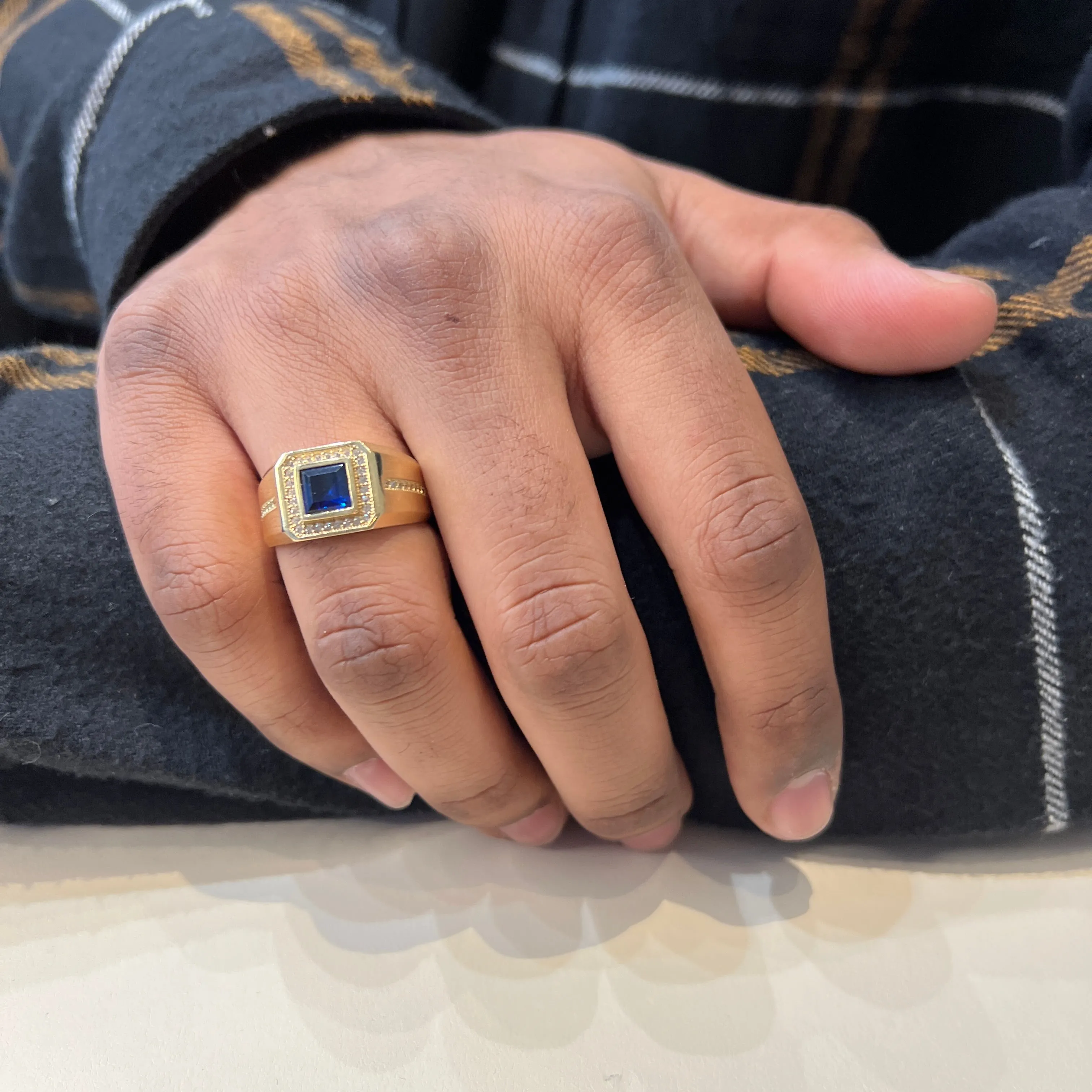 10K Yellow Gold Blue Cubic Zirconia Men's Ring