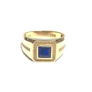 10K Yellow Gold Blue Cubic Zirconia Men's Ring