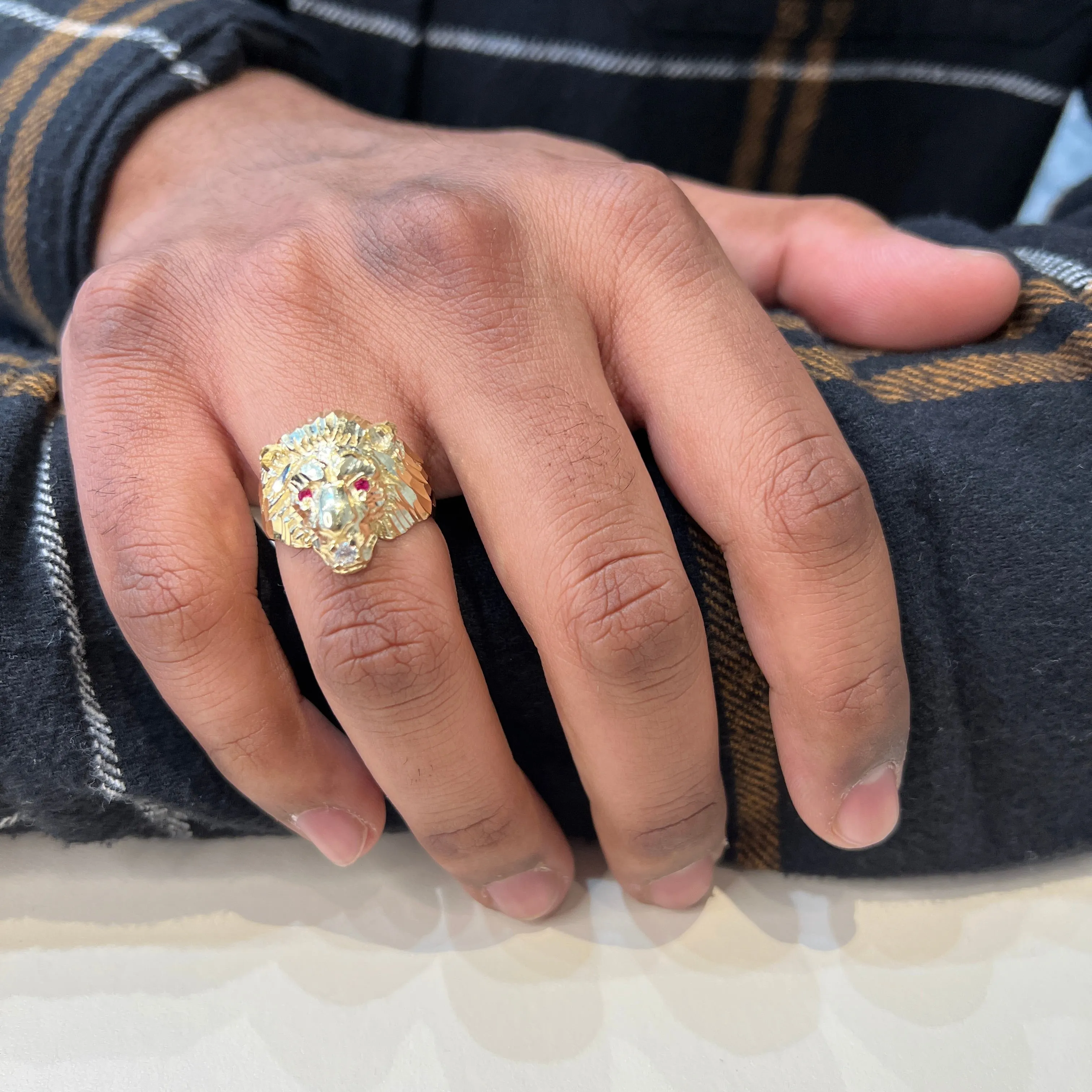 10K Yellow Gold (Large) CZ Lion Head Mens Ring