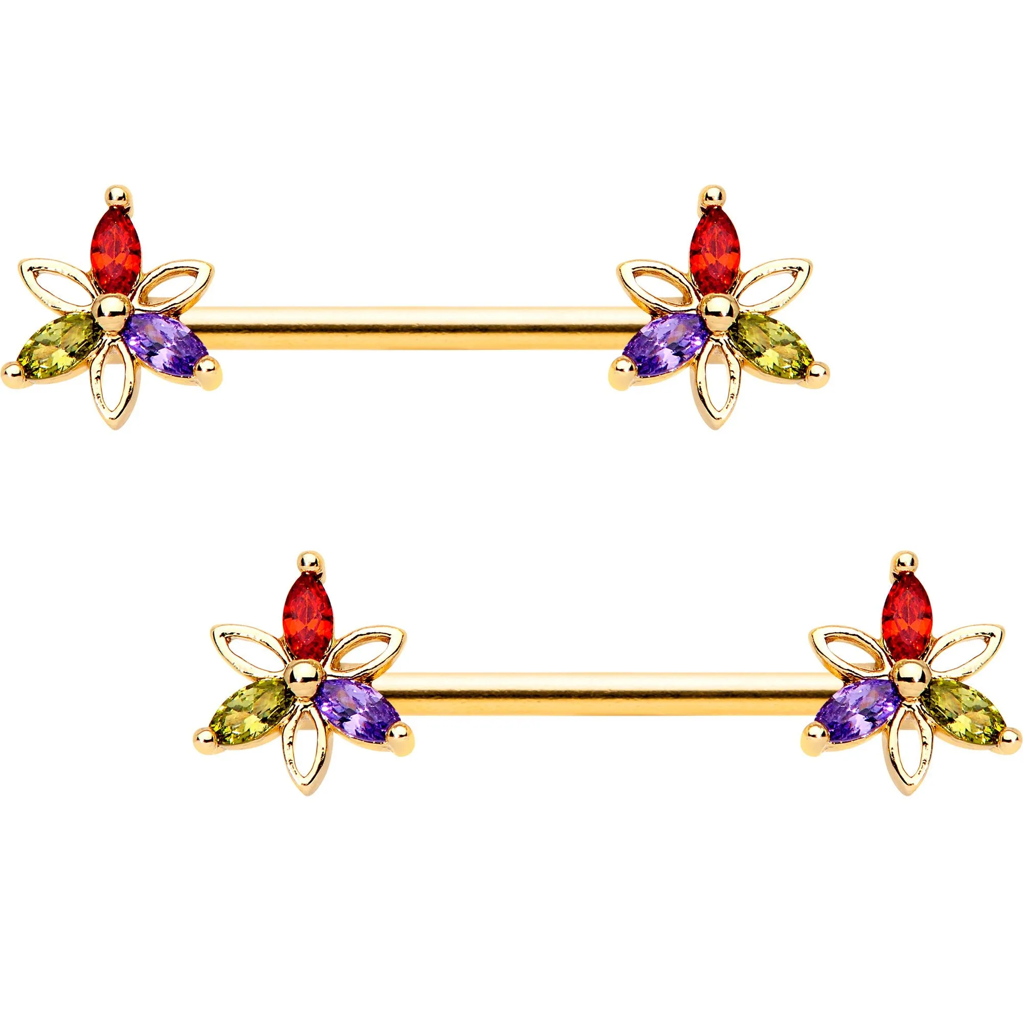 14 Gauge Rainbow Gem Star Gold Tone BCR Ring Barbell Nipple Ring Set