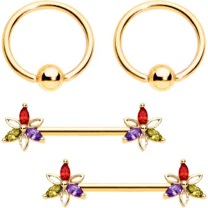 14 Gauge Rainbow Gem Star Gold Tone BCR Ring Barbell Nipple Ring Set