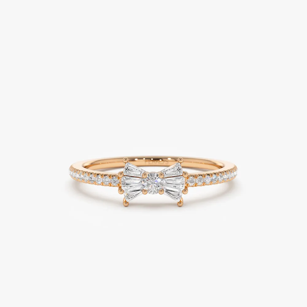14k Baguette and Round Diamond Bow Ring