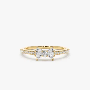 14k Baguette and Round Diamond Bow Ring
