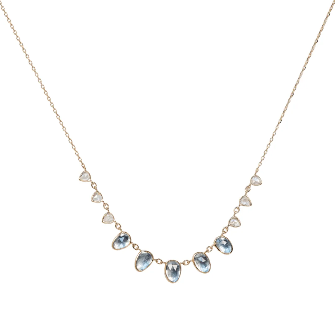 14K Bezel-Set Multi-Drop Aquamarine Necklace with Rose-Cut Diamond Slices