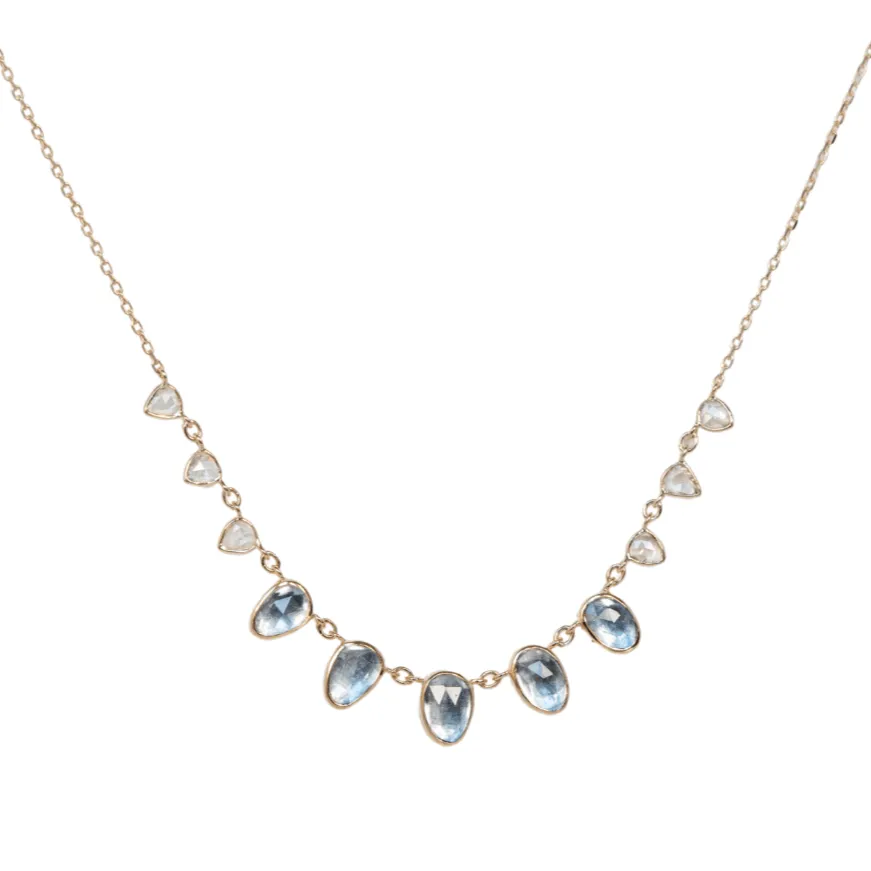 14K Bezel-Set Multi-Drop Aquamarine Necklace with Rose-Cut Diamond Slices