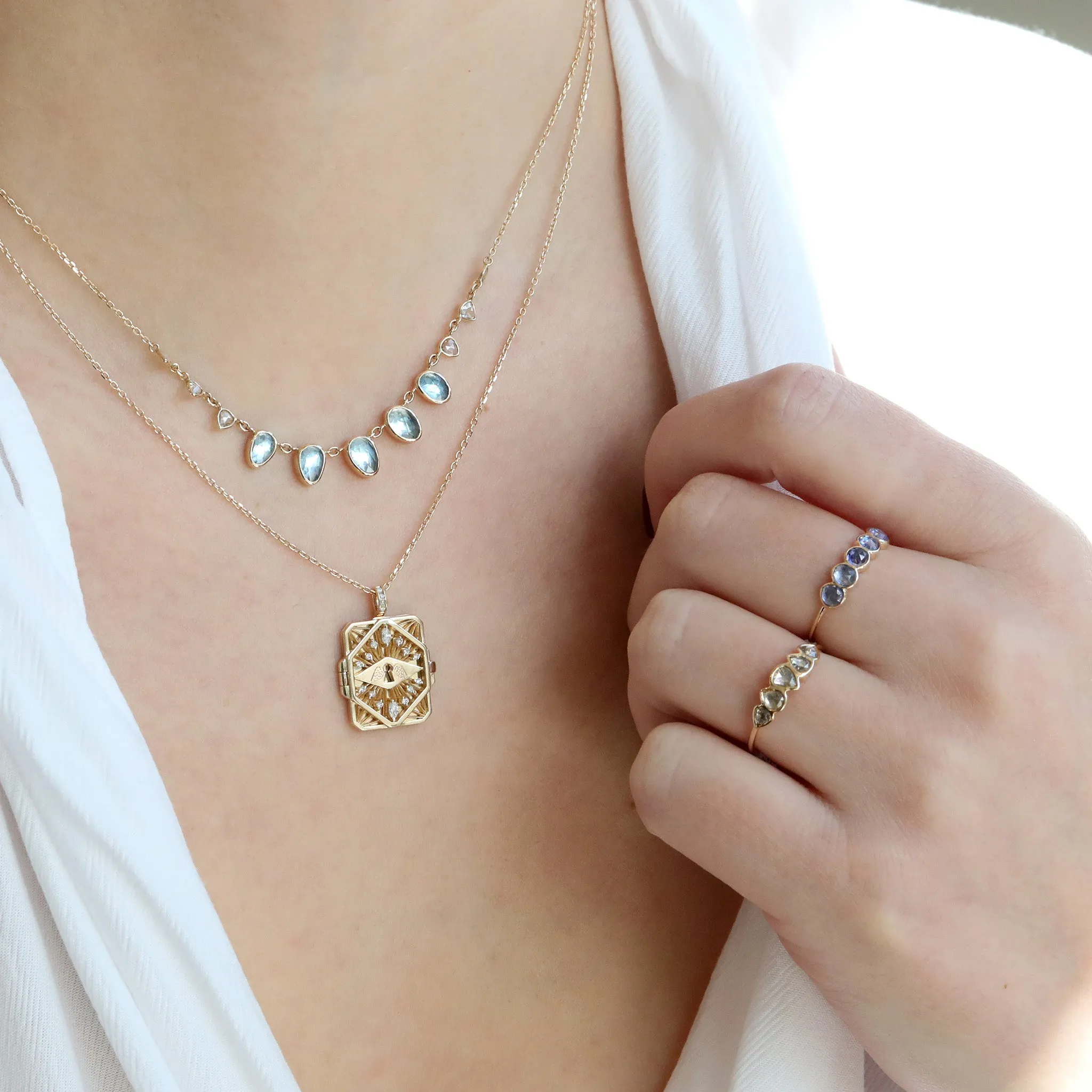 14K Bezel-Set Multi-Drop Aquamarine Necklace with Rose-Cut Diamond Slices