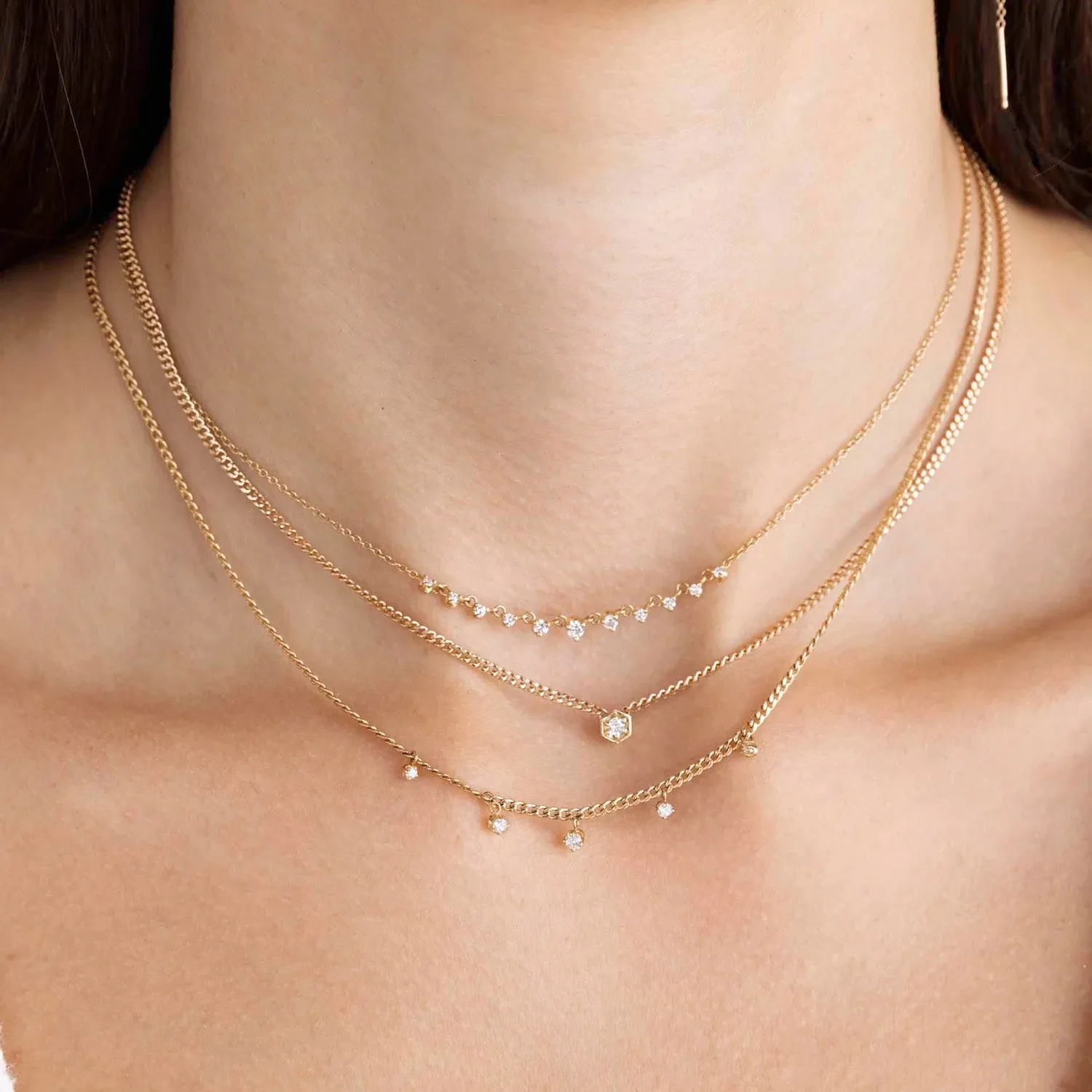 14K Curb Chain Neclace with Hexagonal Diamond Centerpiece