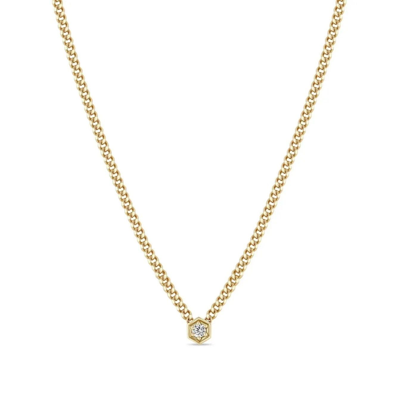 14K Curb Chain Neclace with Hexagonal Diamond Centerpiece