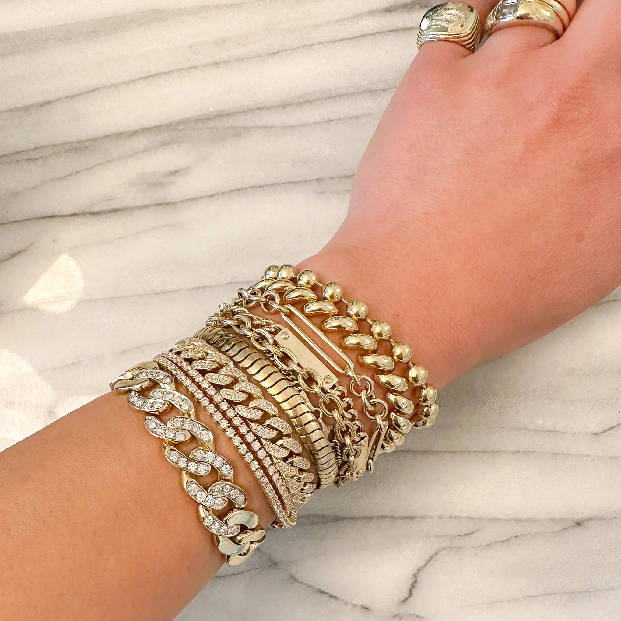 14K Gold 5 to 1 Mixed Link Chain Bracelet, Medium Size