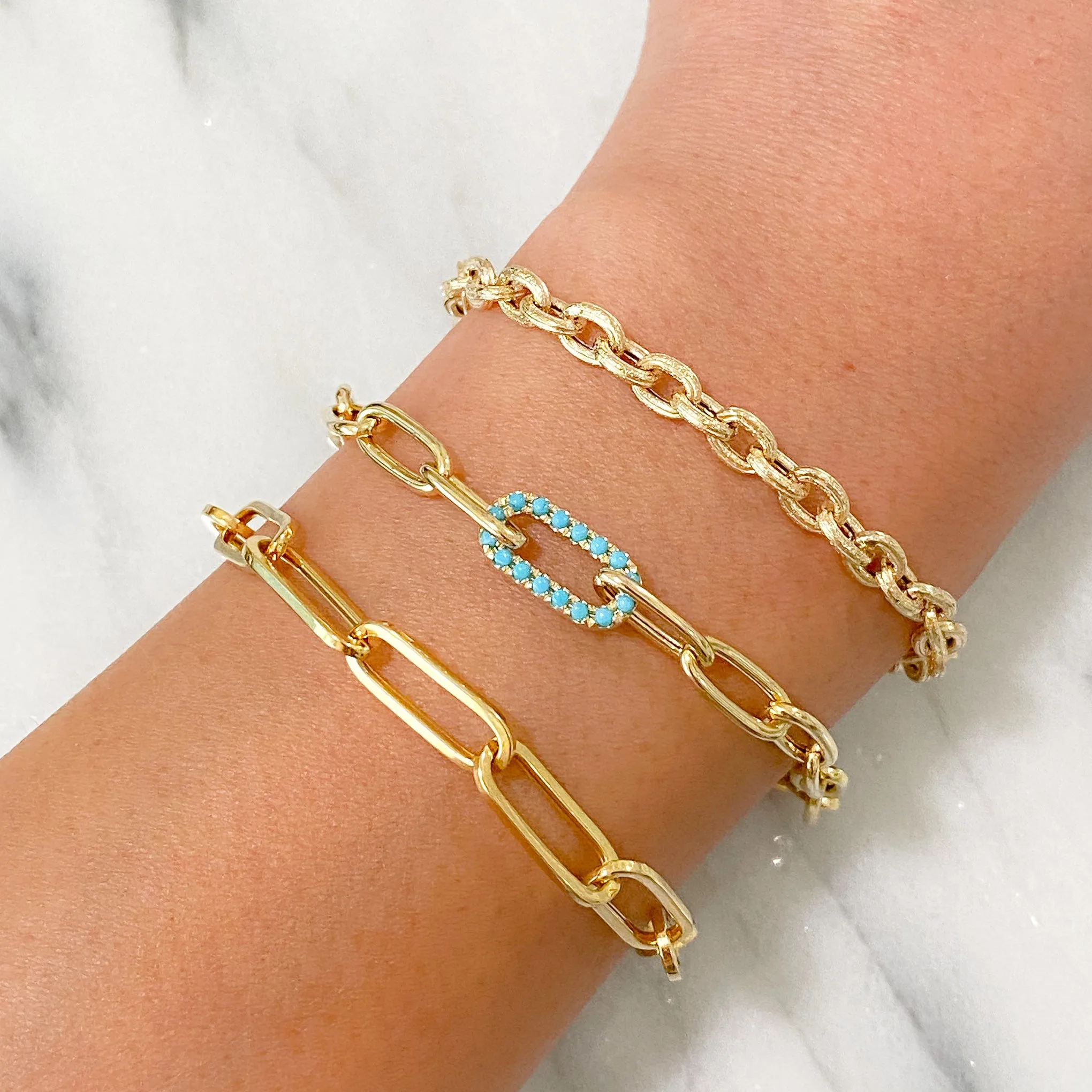 14K Gold Thin Flat Oval Link Bracelet, Large Size Link