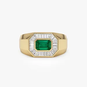 14k Octagon Shape Baguette Diamond Emerald Ring