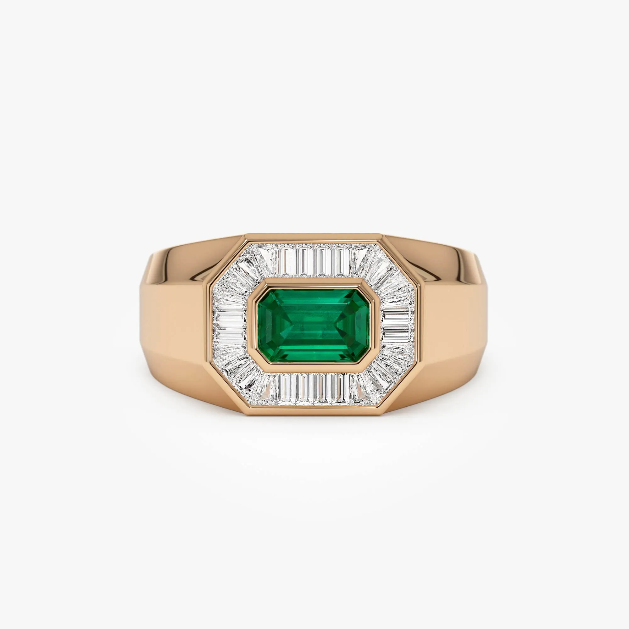 14k Octagon Shape Baguette Diamond Emerald Ring