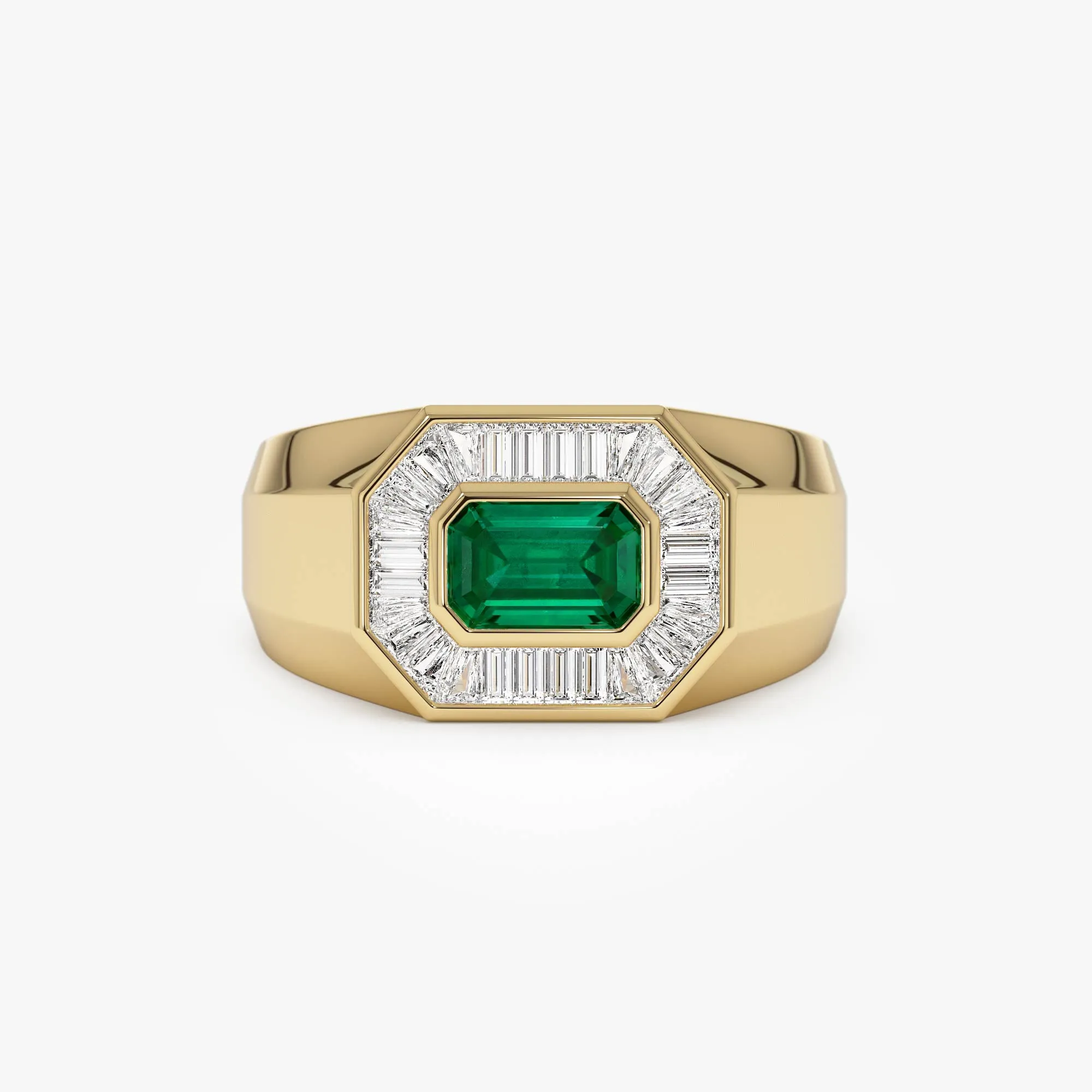 14k Octagon Shape Baguette Diamond Emerald Ring