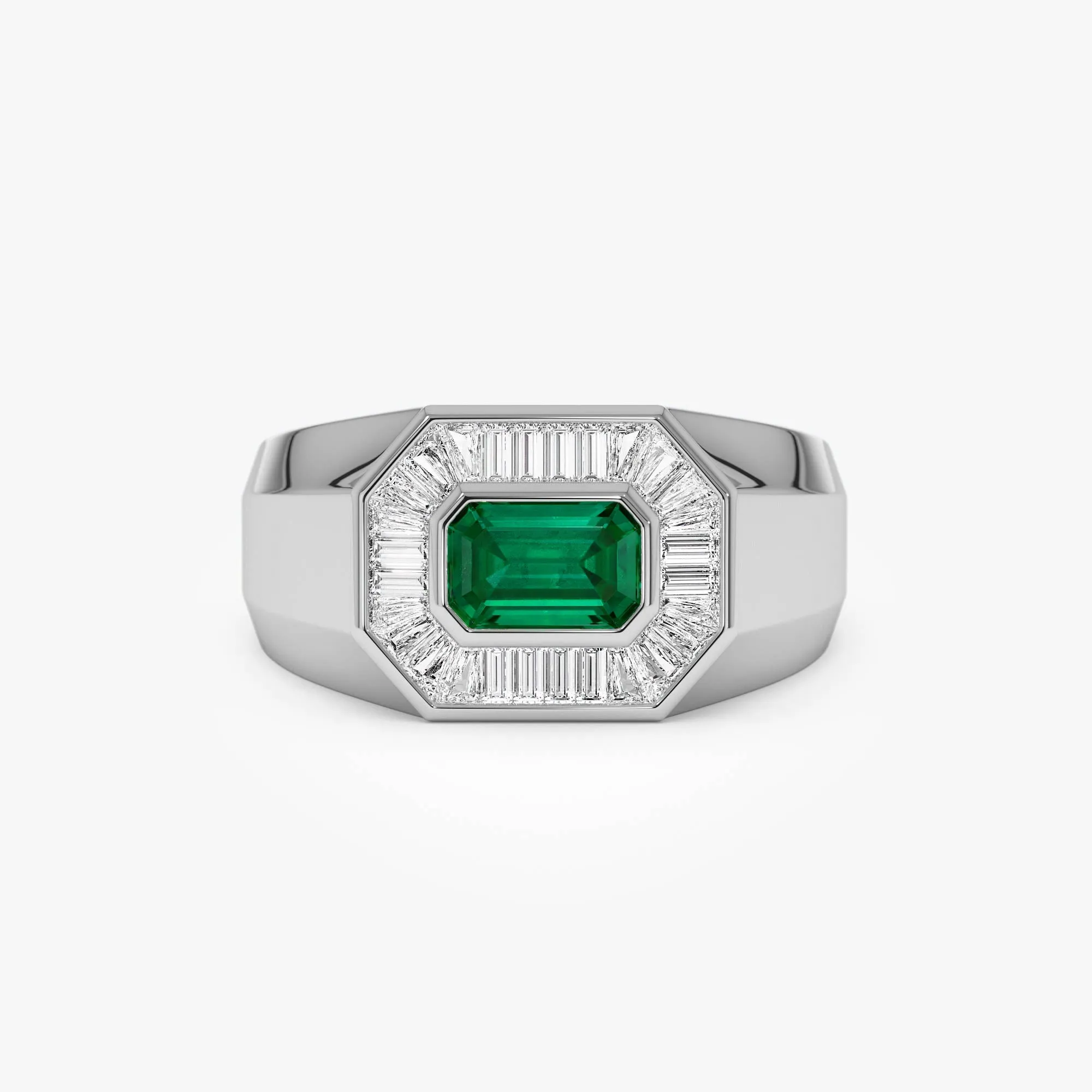 14k Octagon Shape Baguette Diamond Emerald Ring