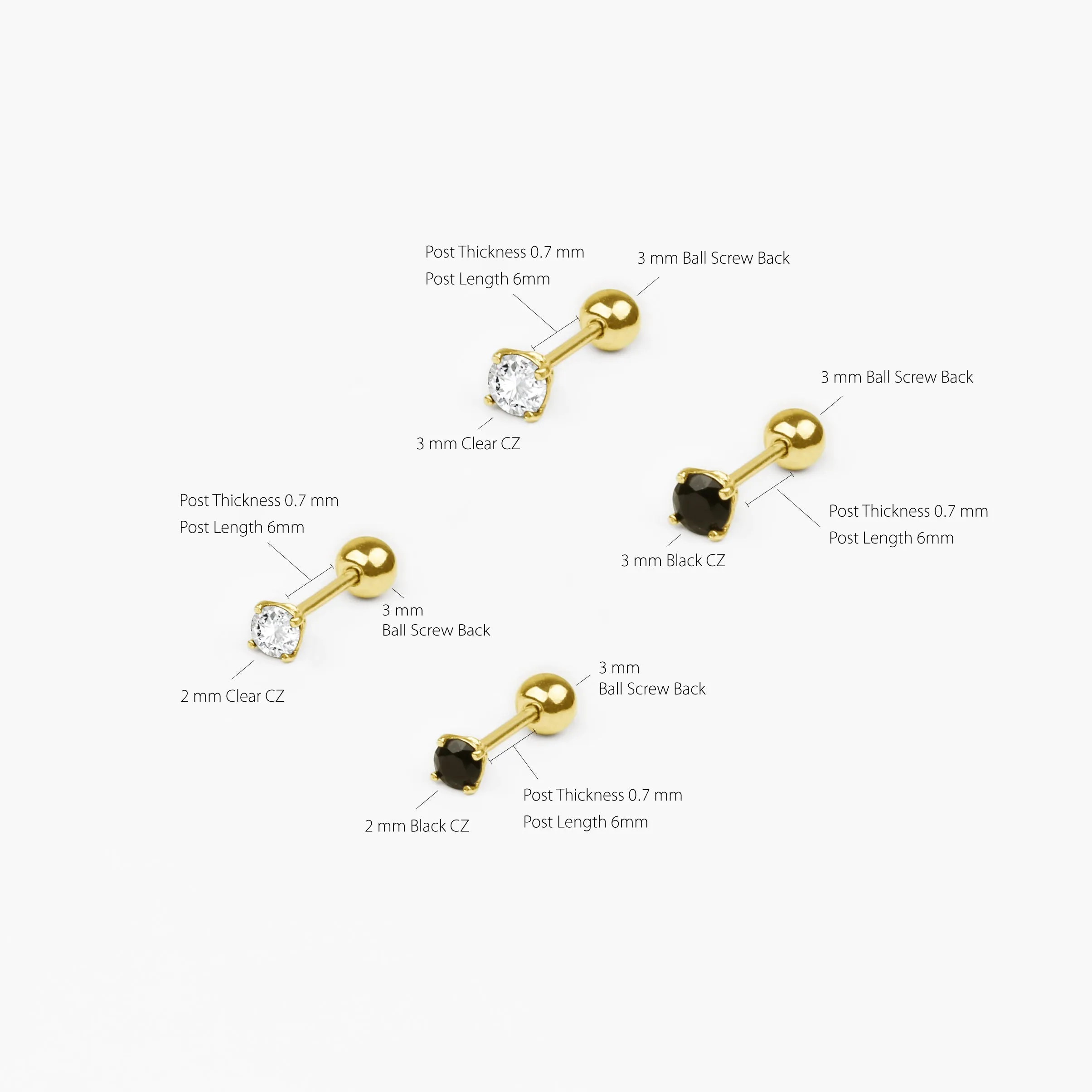 14k Solid Gold 2mm 3mm Clear Black Stone Stud Earring