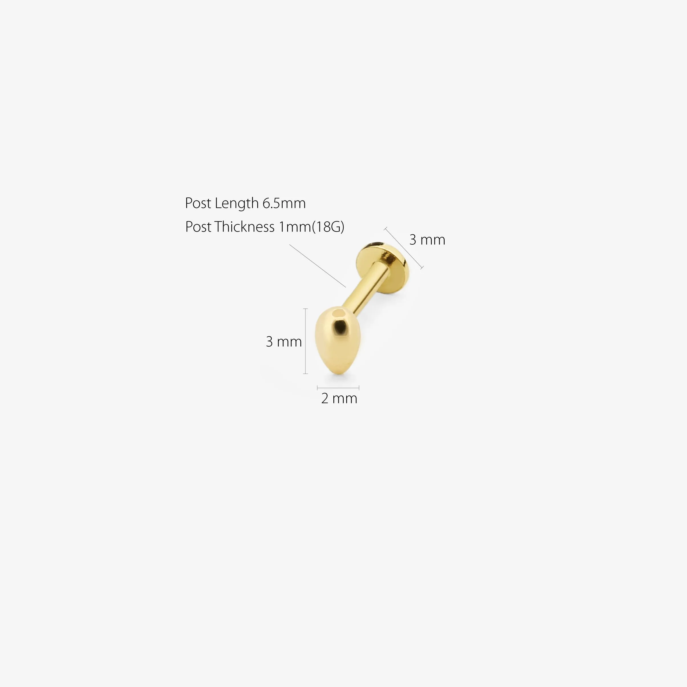 14k Solid Gold 3D Water Drop Internally Threaded Labret Stud Earring