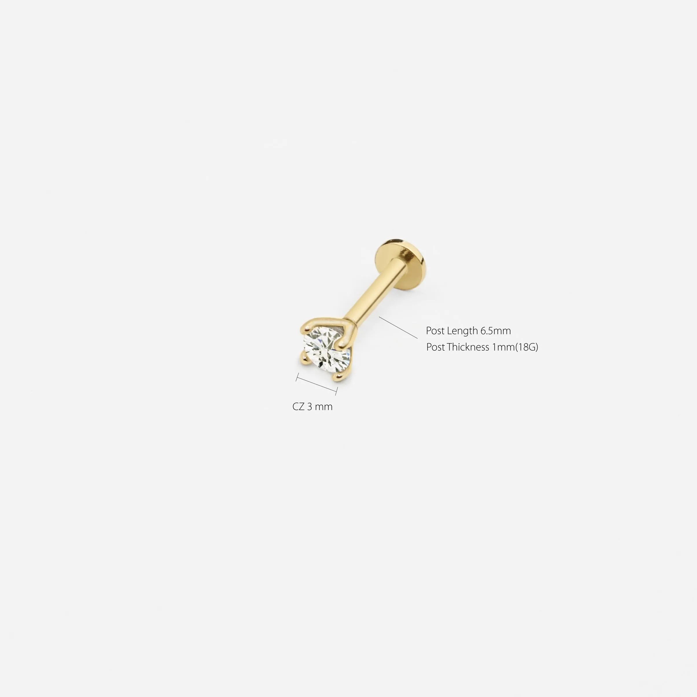 14k Solid Gold 3mm CZ Internally Threaded Labret Stud Earring