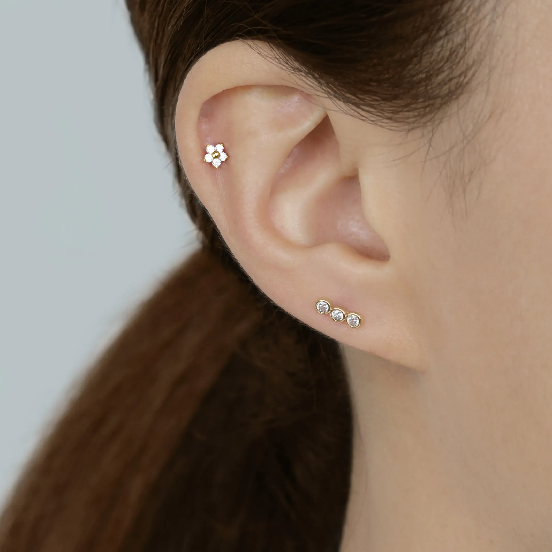 14k Solid Gold 5 CZ Internally Threaded Labret Stud Earring