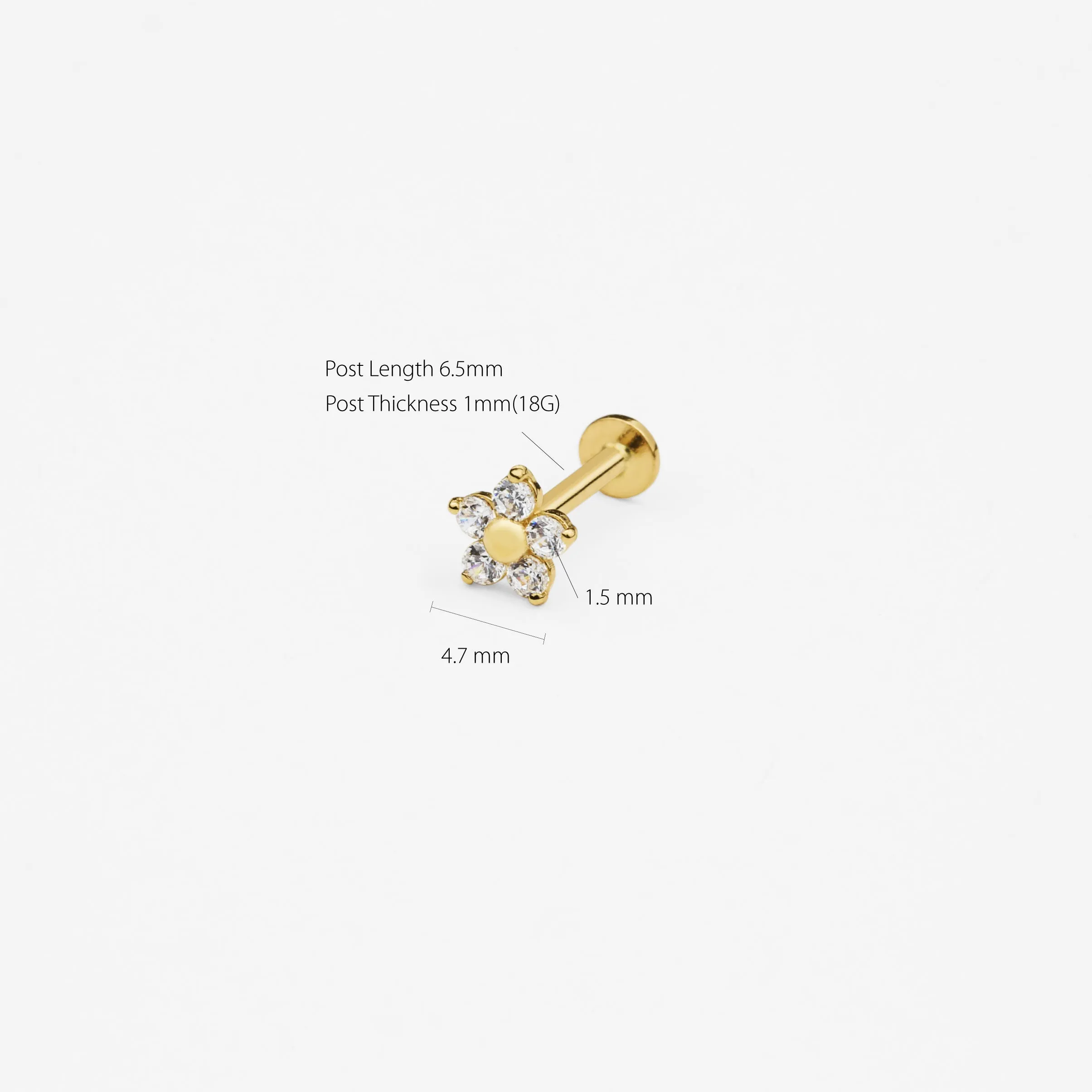 14k Solid Gold 5 CZ Internally Threaded Labret Stud Earring