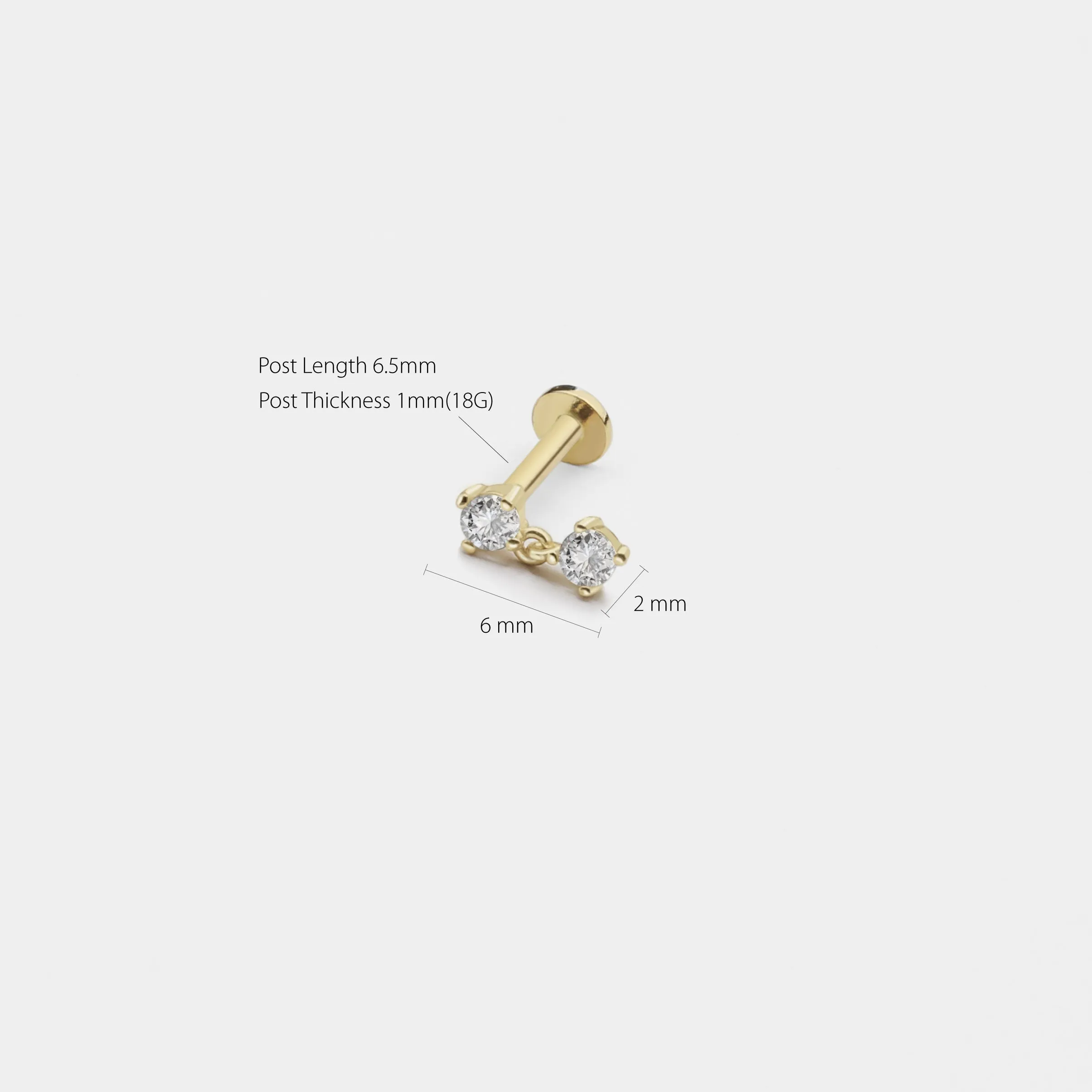14k Solid Gold CZ Dangling Internally Threaded Labret Stud Earring