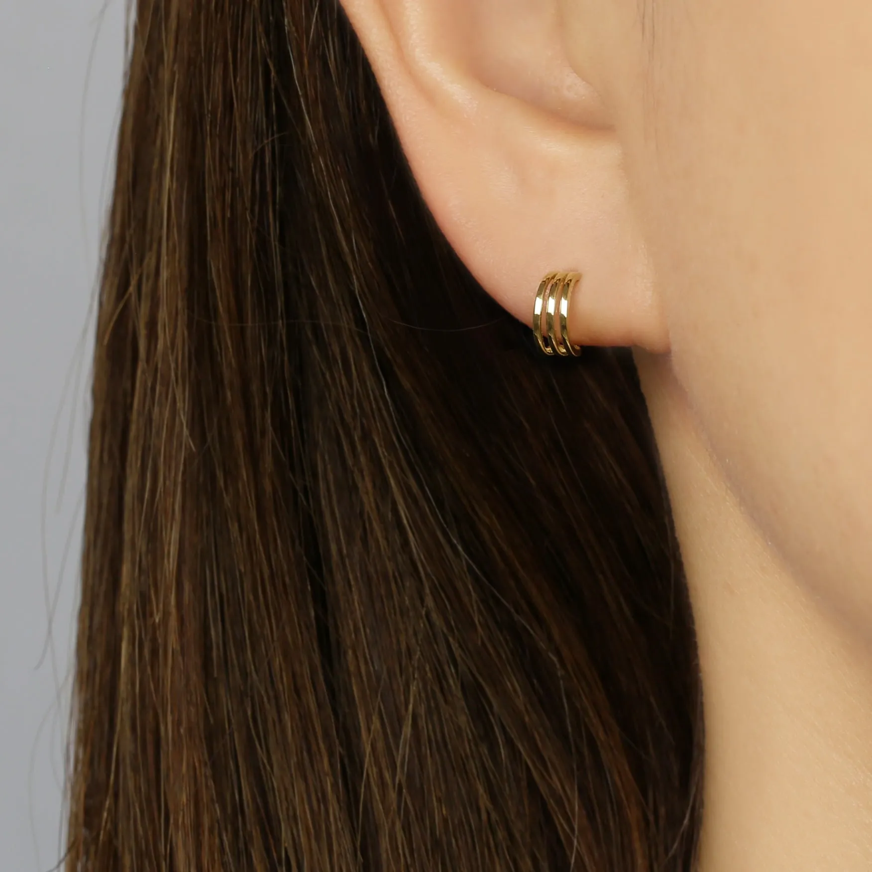 14k Solid Gold Dainty Trinity Line Stud Hoop Earring