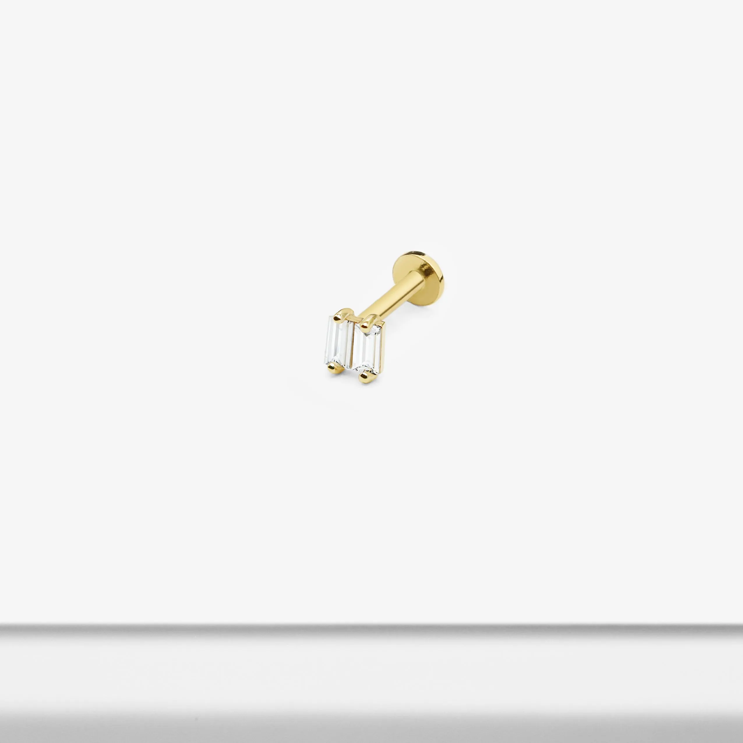 14k Solid Gold Double Baguette CZ Internally Threaded Labret Stud Earring