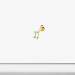 14k Solid Gold Double Baguette CZ Internally Threaded Labret Stud Earring