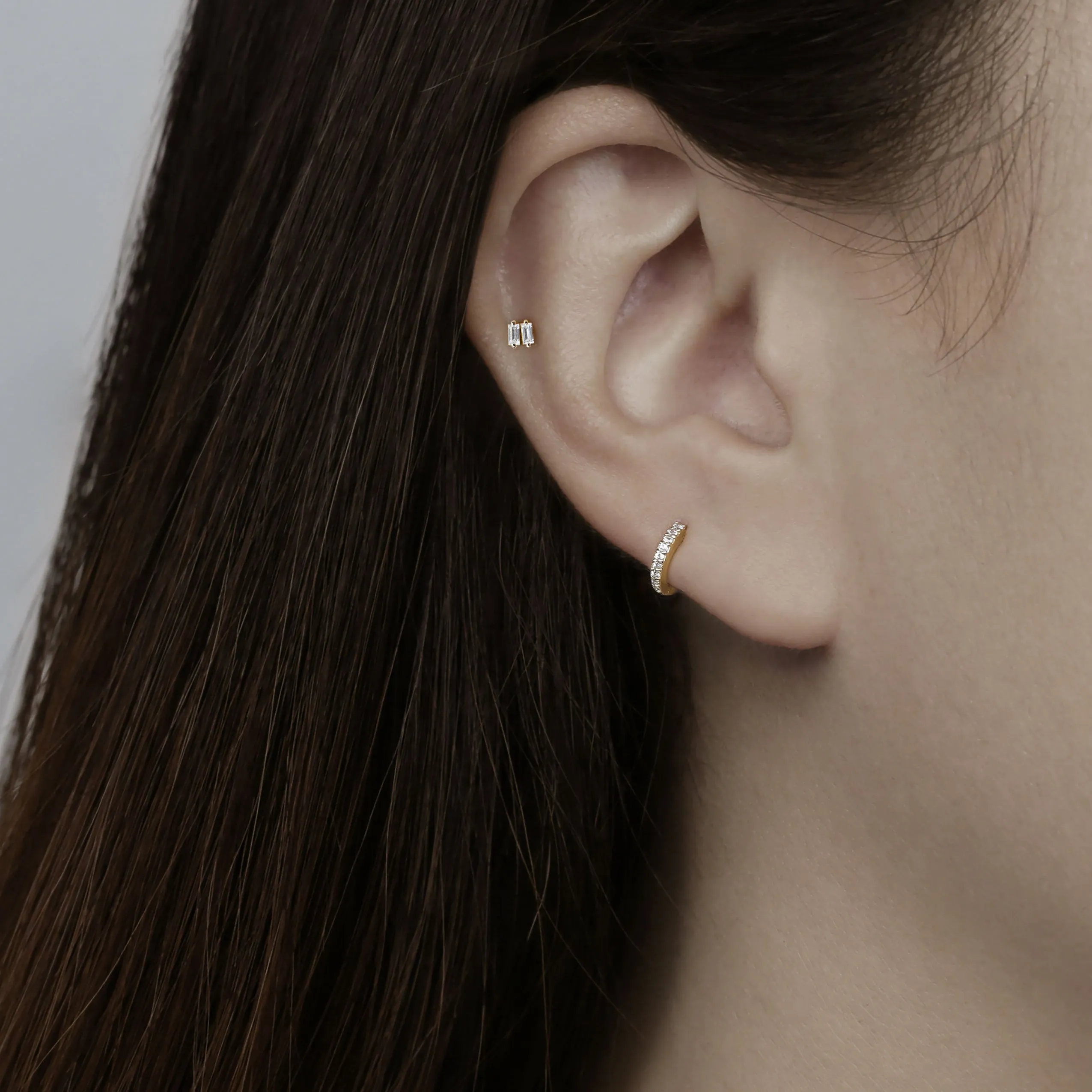 14k Solid Gold Double Baguette CZ Internally Threaded Labret Stud Earring