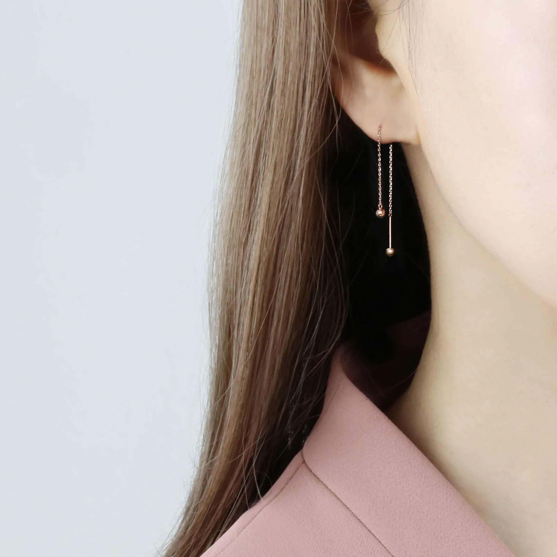 14k Solid Gold Double Ball Threader Earring