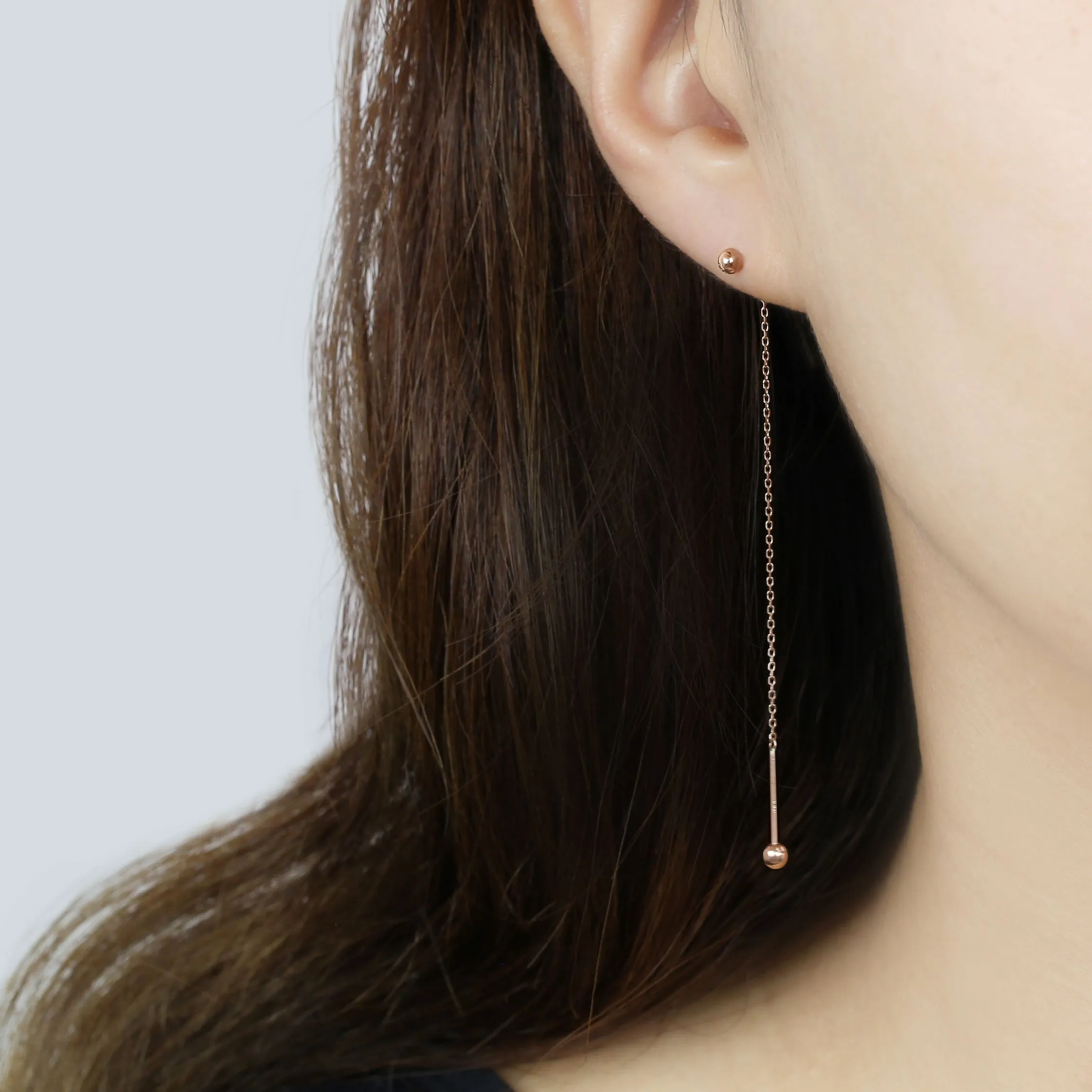 14k Solid Gold Double Ball Threader Earring