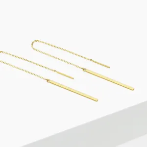14k Solid Gold Flat Long Bar Threader Earring