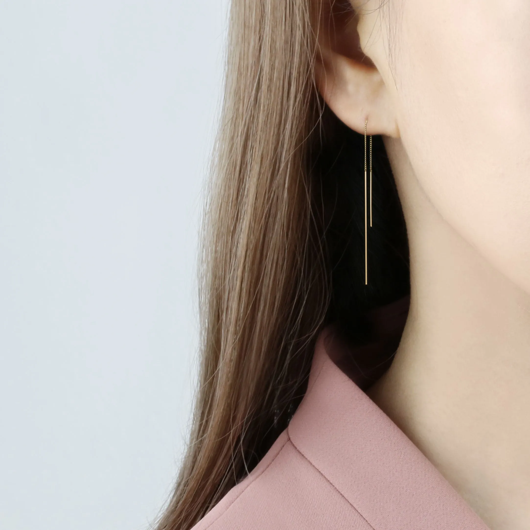 14k Solid Gold Long Bar Threader Earring