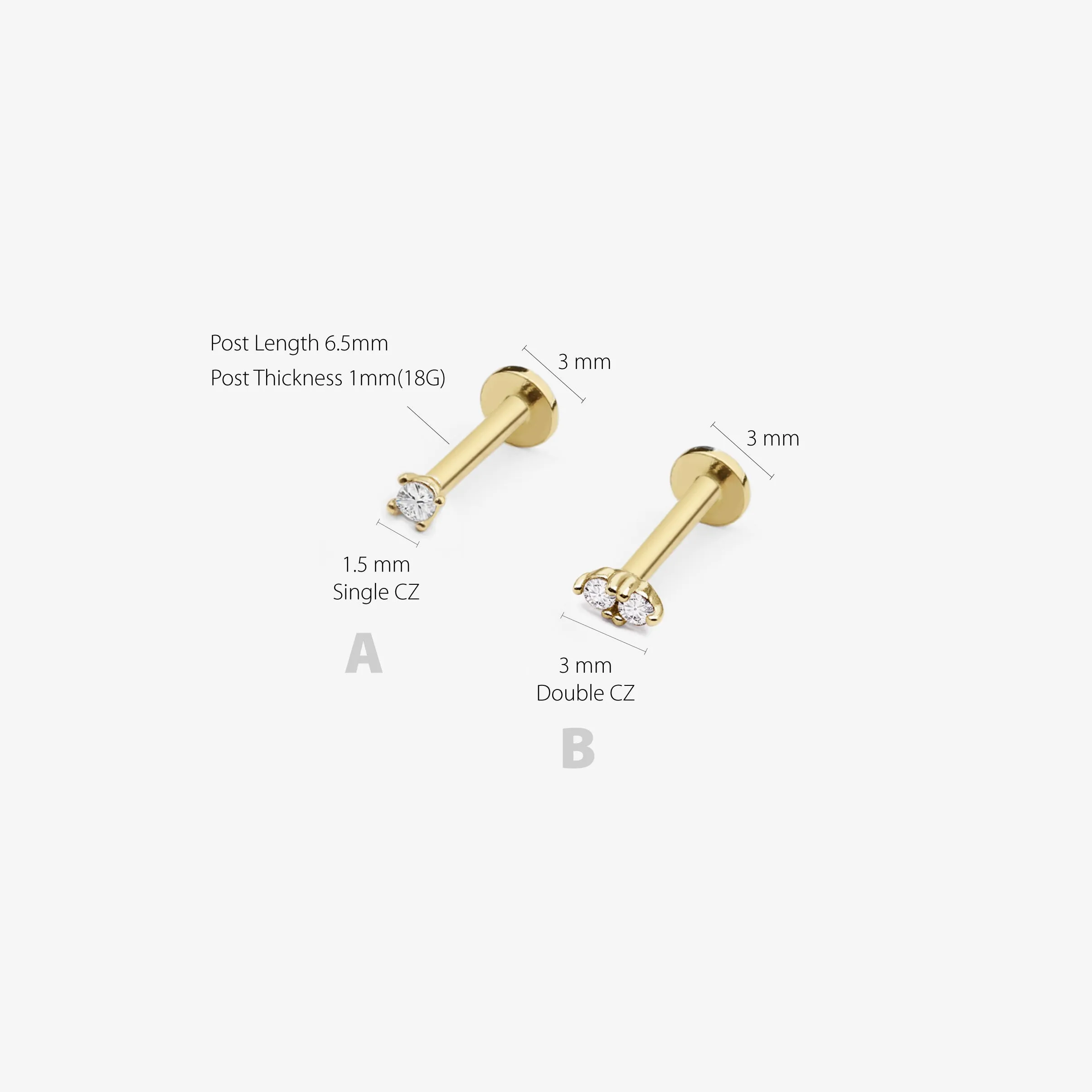 14k Solid Gold Micro Single Double CZ Internally Threaded Labret Stud Earring