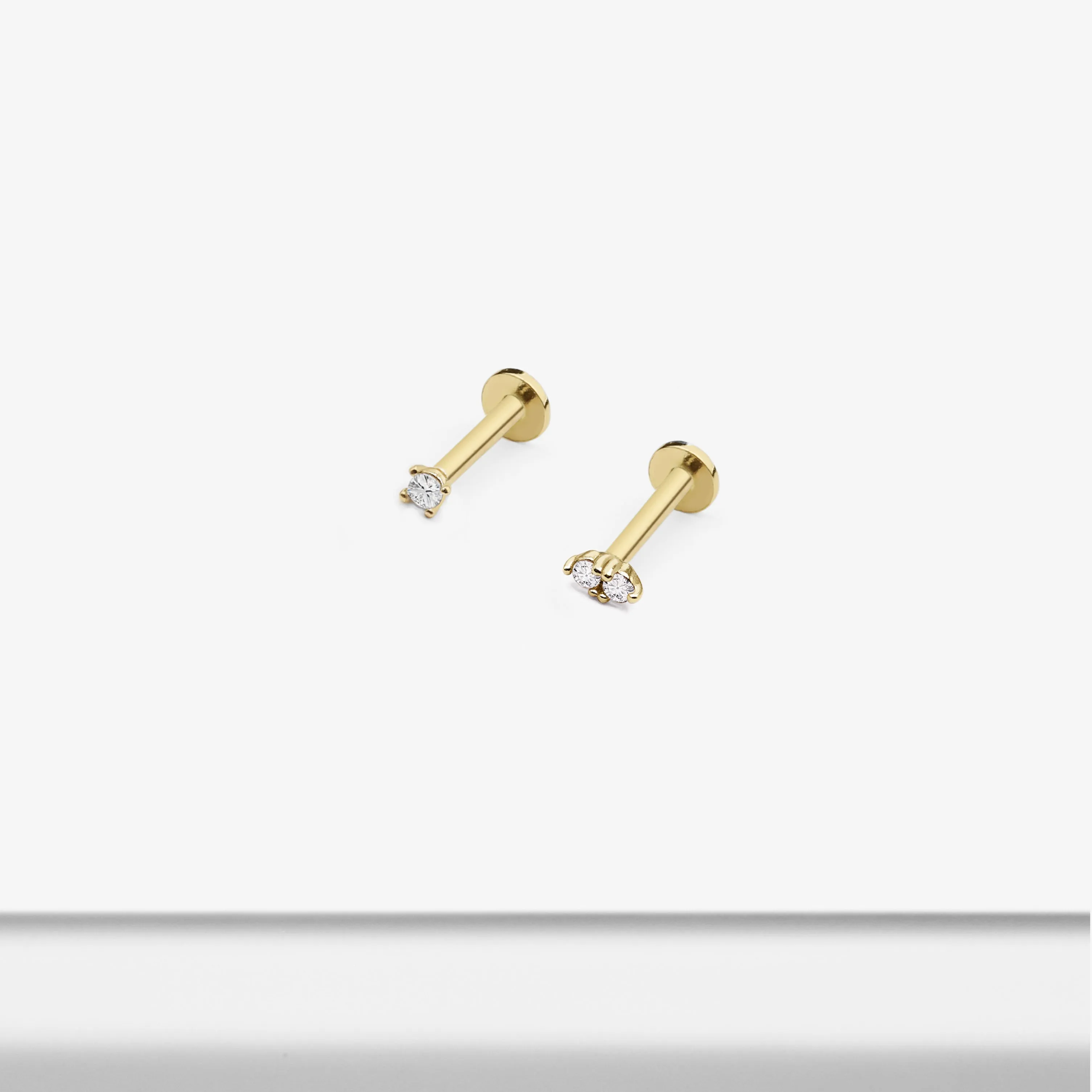 14k Solid Gold Micro Single Double CZ Internally Threaded Labret Stud Earring