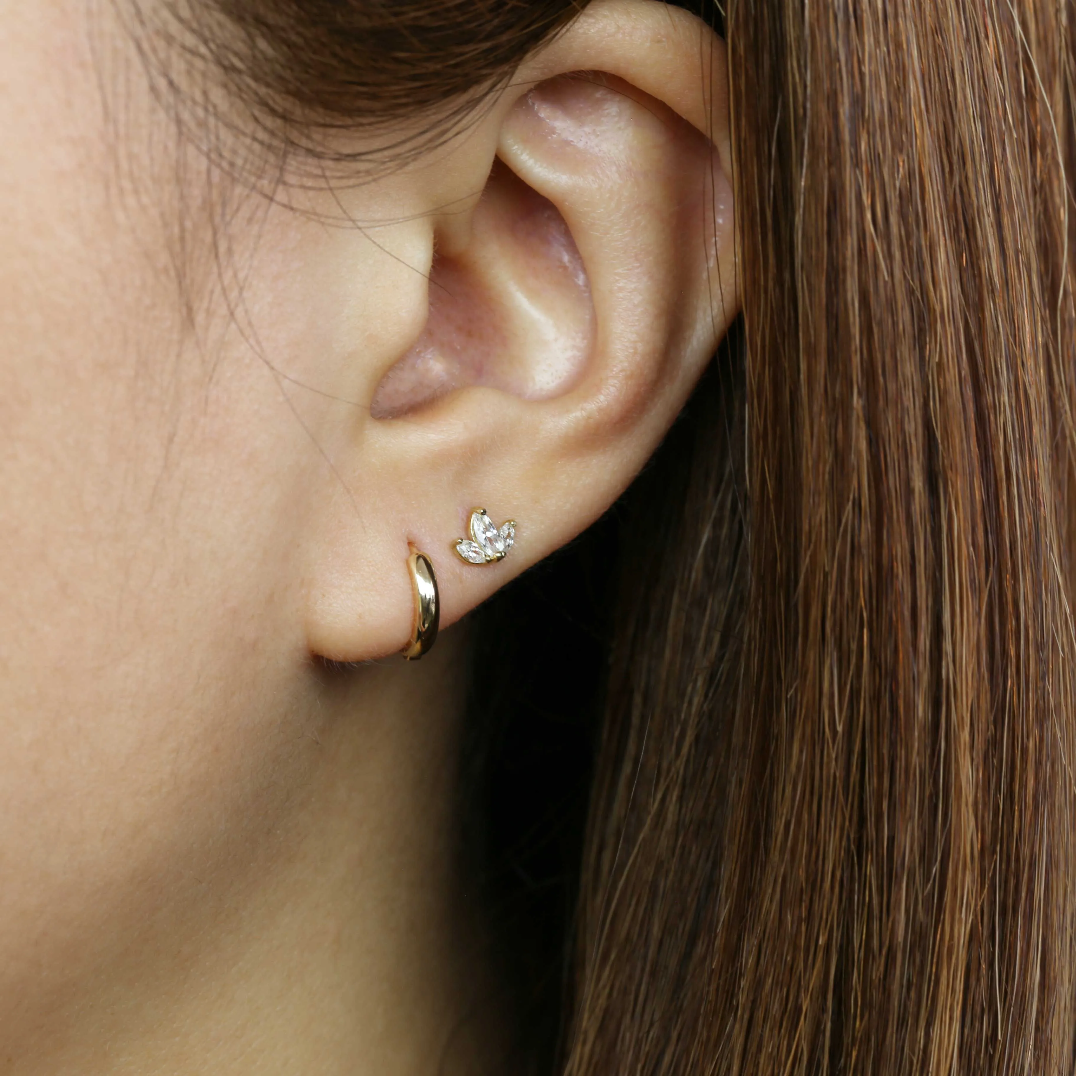14k Solid Gold Three Stone CZ Stud Earring