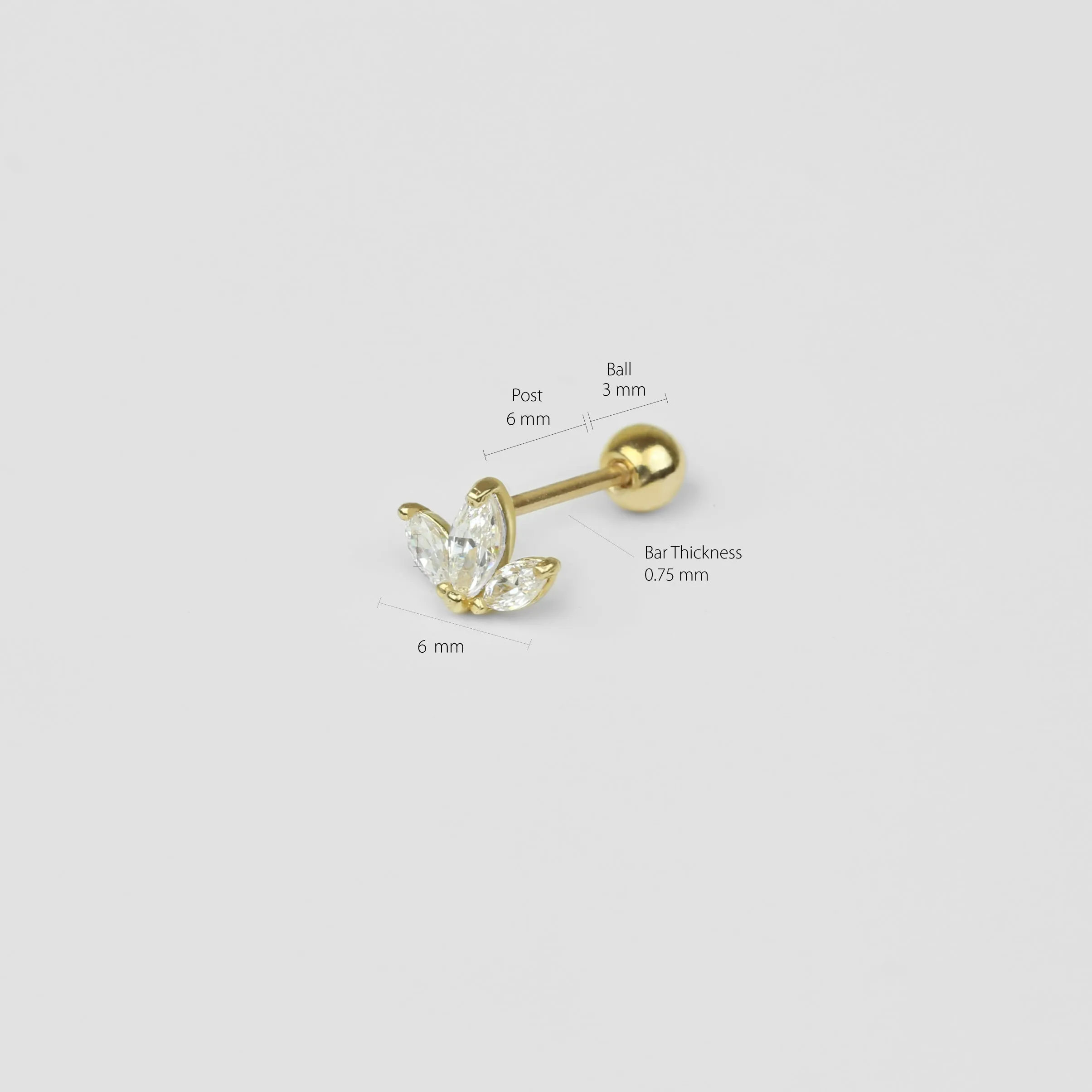 14k Solid Gold Three Stone CZ Stud Earring