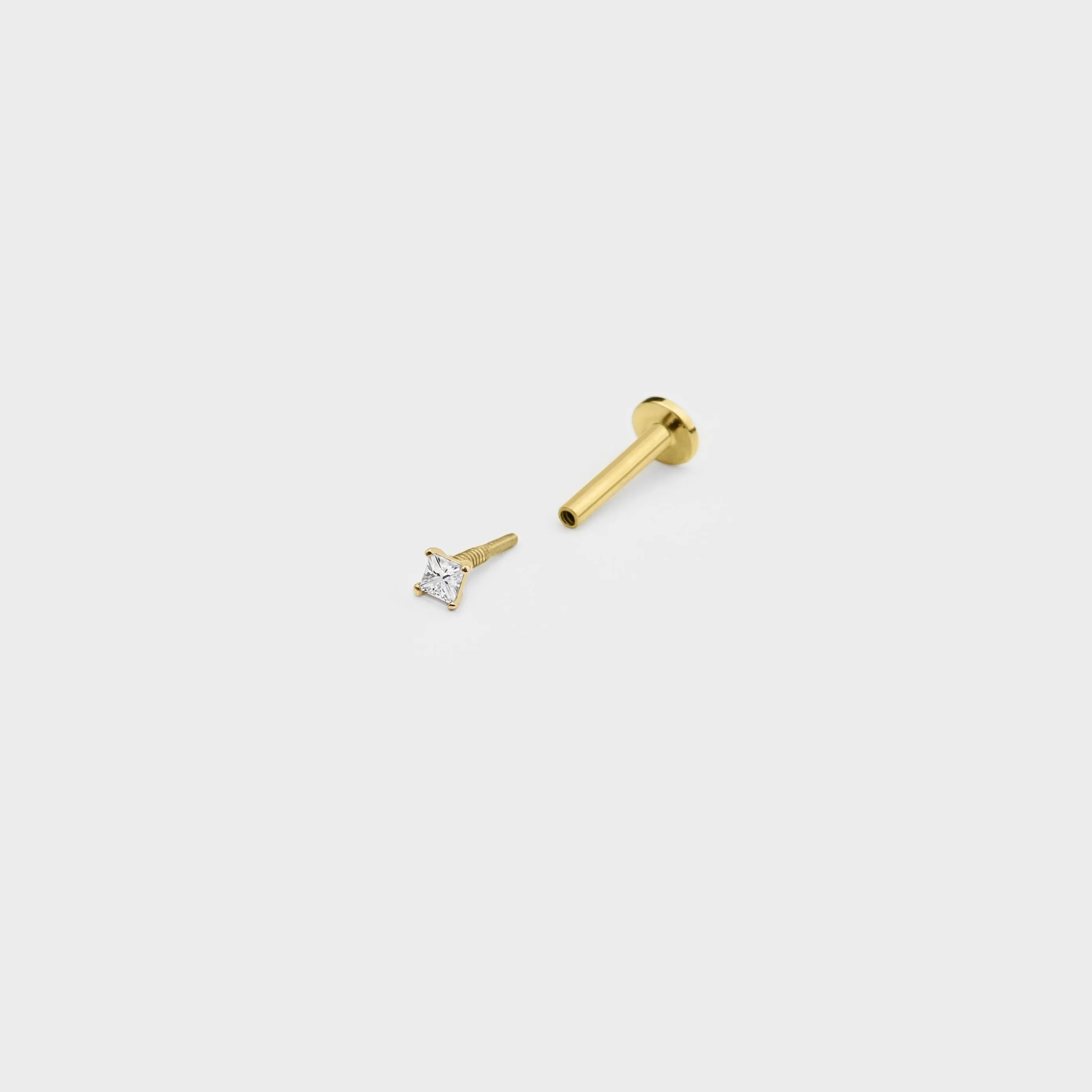 14k Solid Gold Tiny Square CZ Internally Threaded Labret Stud Earring