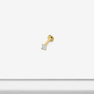 14k Solid Gold Tiny Square CZ Internally Threaded Labret Stud Earring