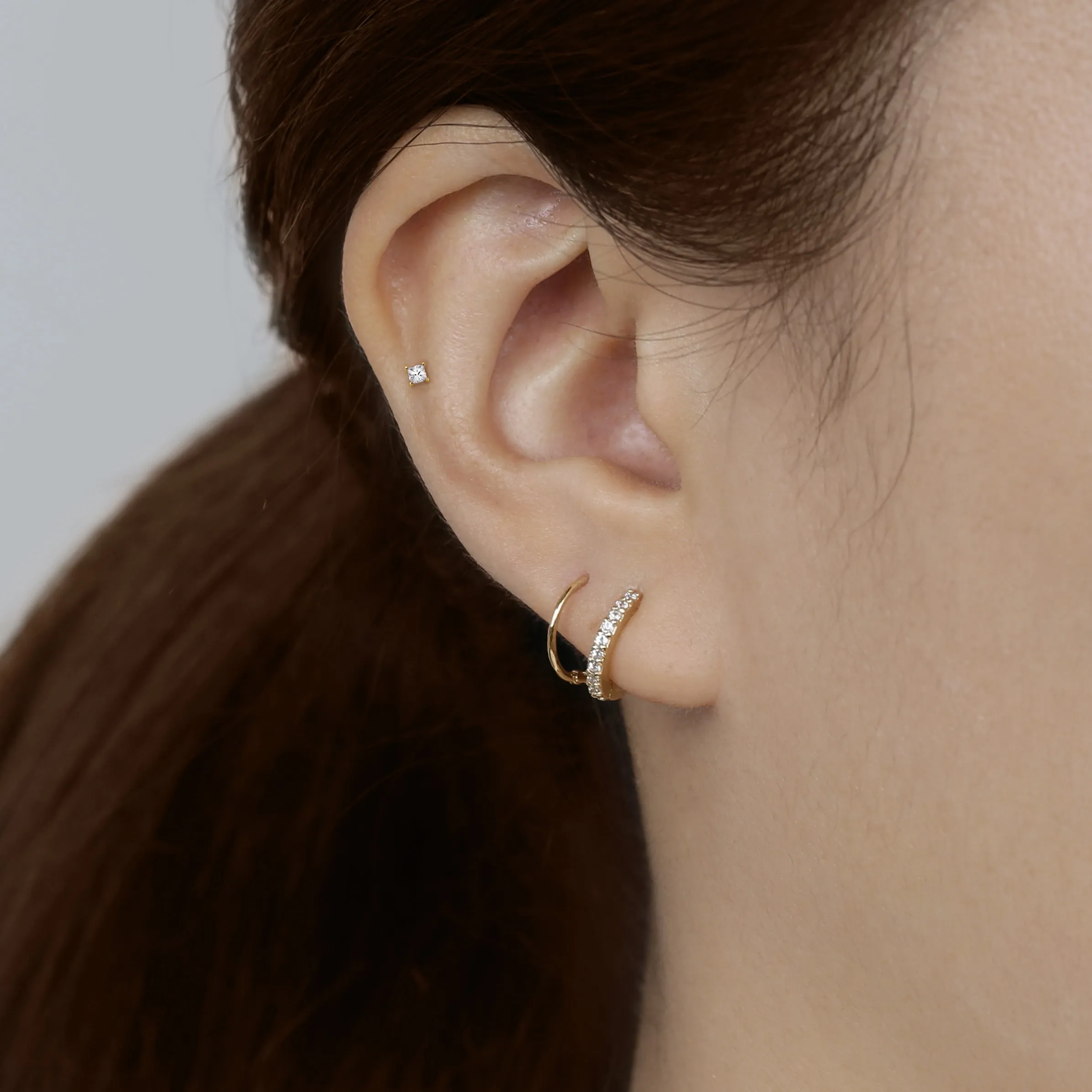 14k Solid Gold Tiny Square CZ Internally Threaded Labret Stud Earring