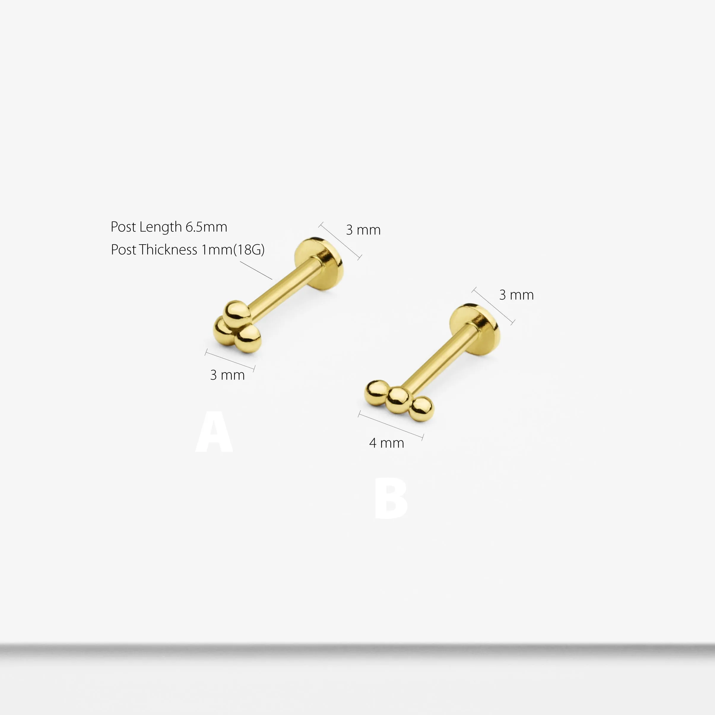 14k Solid Gold Trinity Ball Internally Threaded Labret Stud Earring