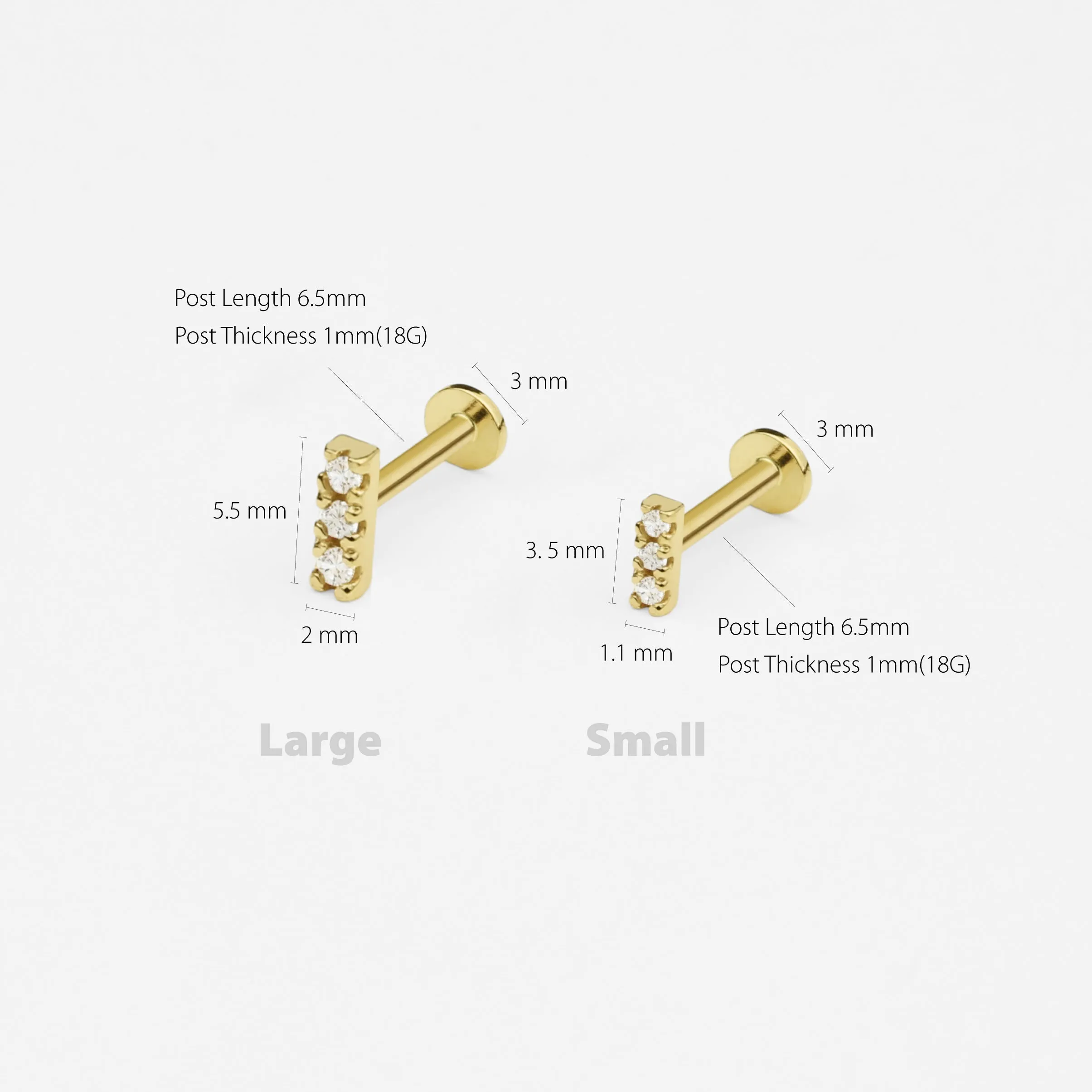 14k Solid Gold Trinity CZ Bar Internally Threaded Labret Stud Earring