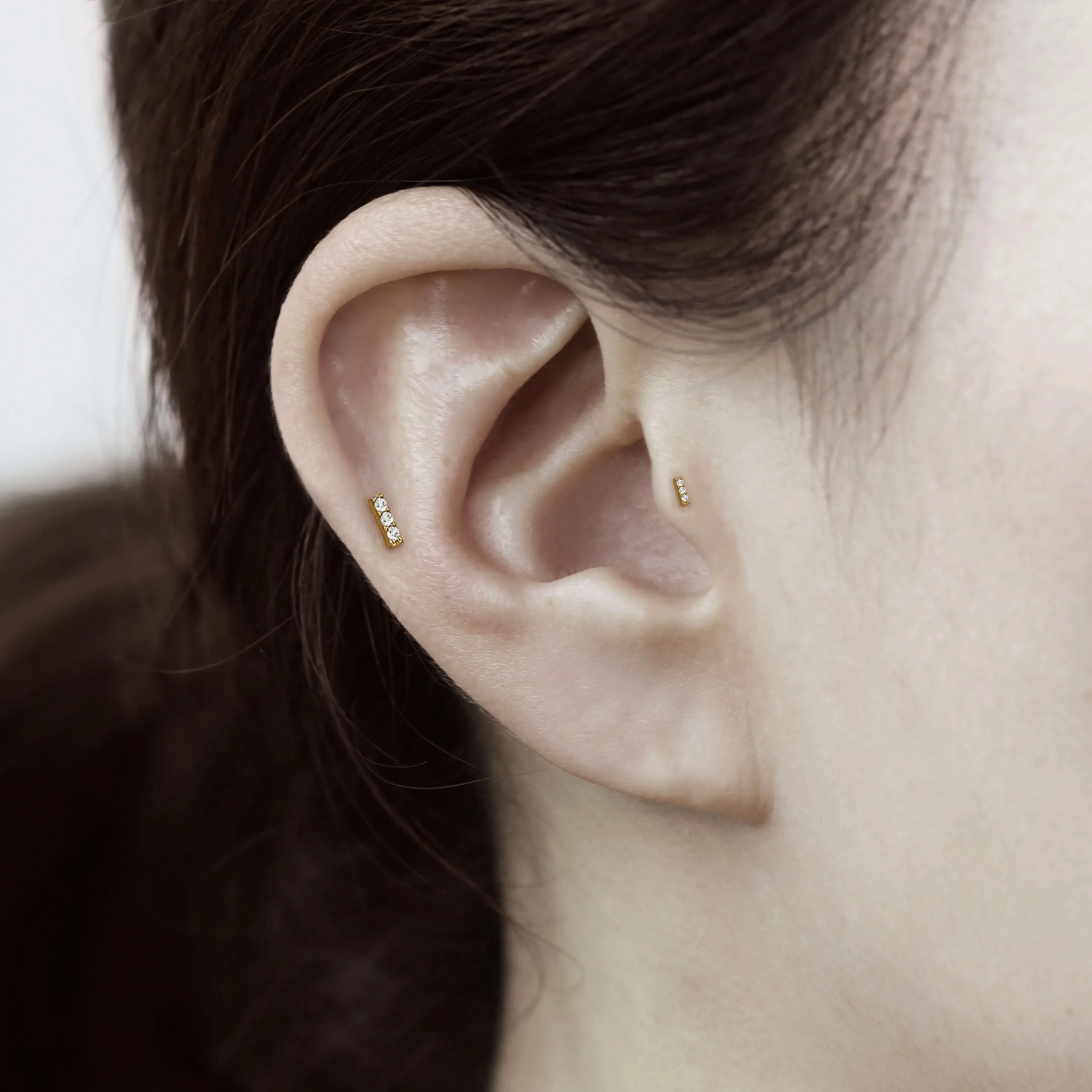 14k Solid Gold Trinity CZ Bar Internally Threaded Labret Stud Earring