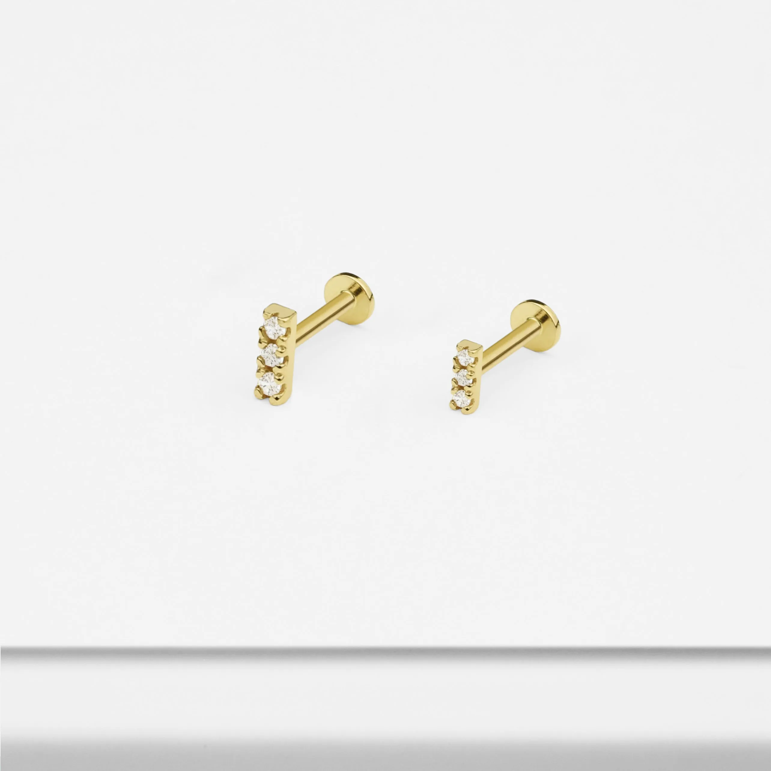 14k Solid Gold Trinity CZ Bar Internally Threaded Labret Stud Earring
