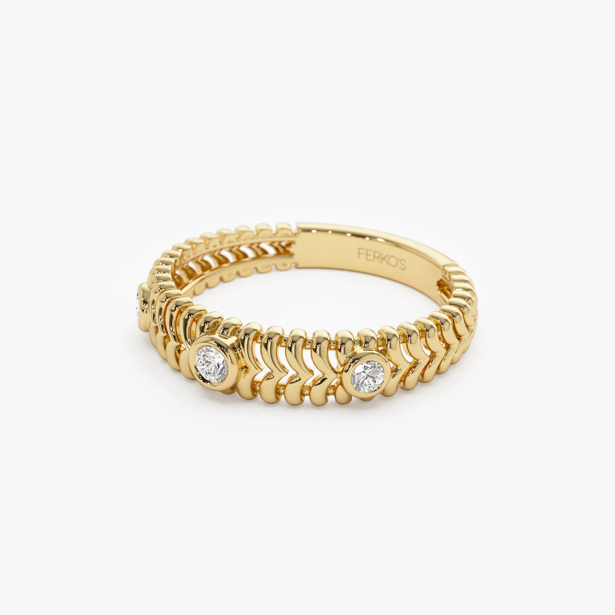 14k Unique Ribbed Three Stone Diamond Ring